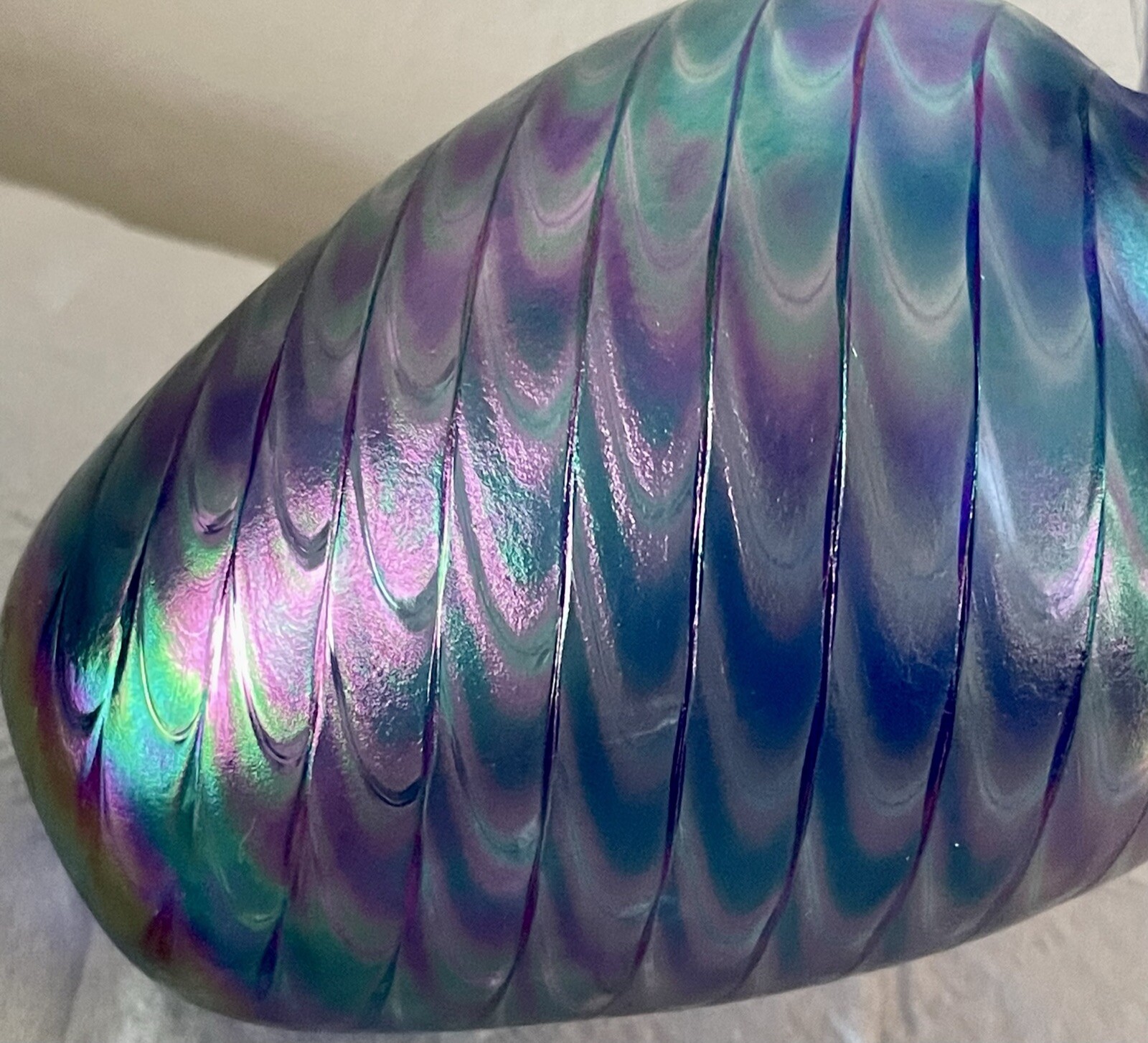 the glass eye MSH art glass blue iridescent pulled feather vase 4 Inches Tall