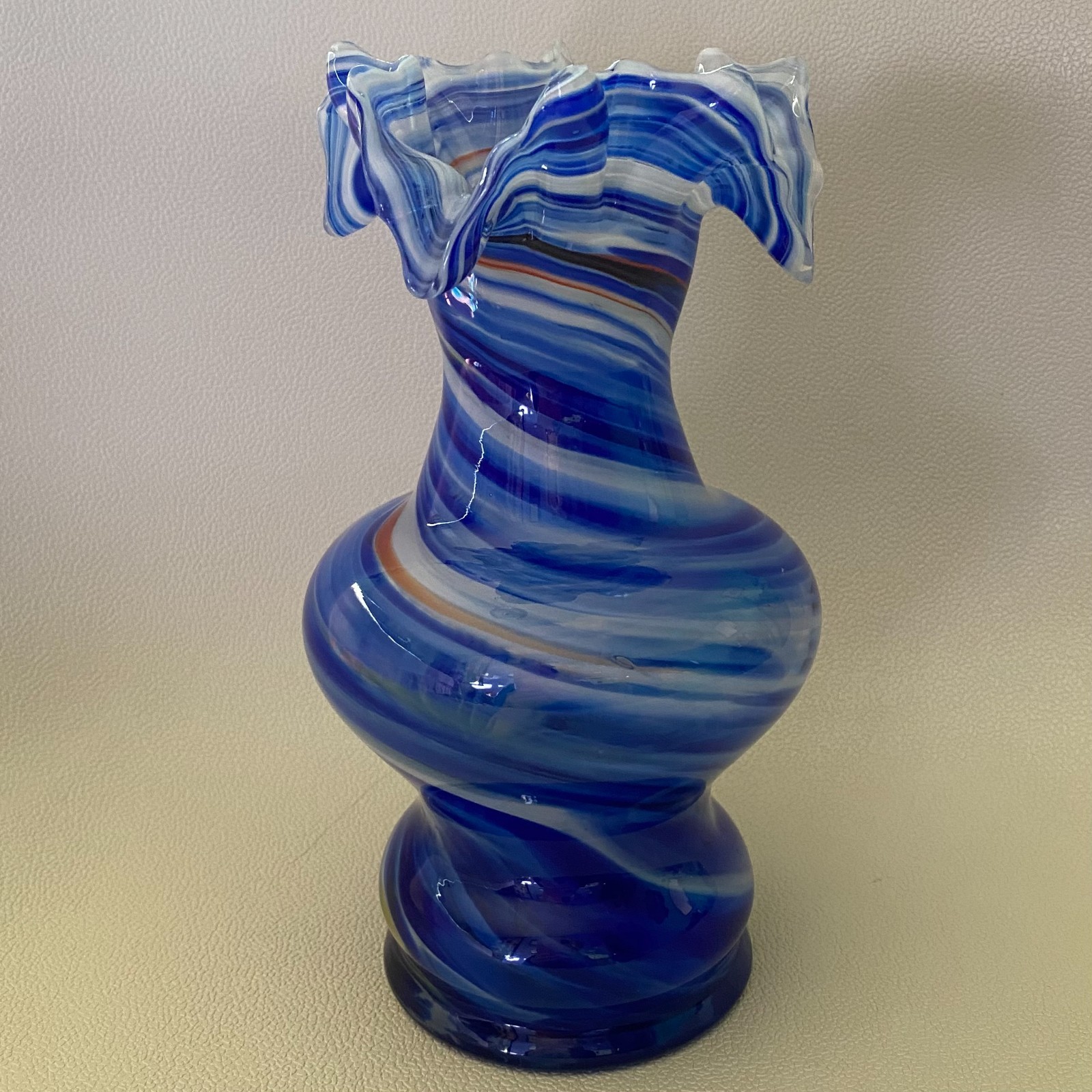 Red White & Blue Swirl Glass Vase Ruffle Top Hand Blown 8″ 4th of July
