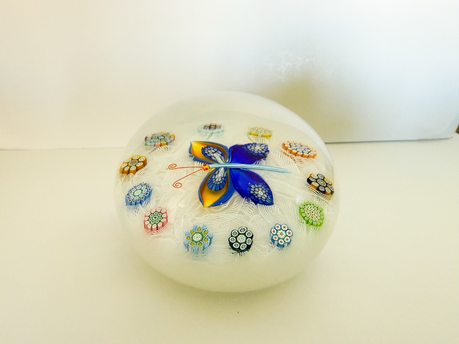 Peter McDougall Butterfly on Lace Rare 2009 Glass Paperweight with Millefiori