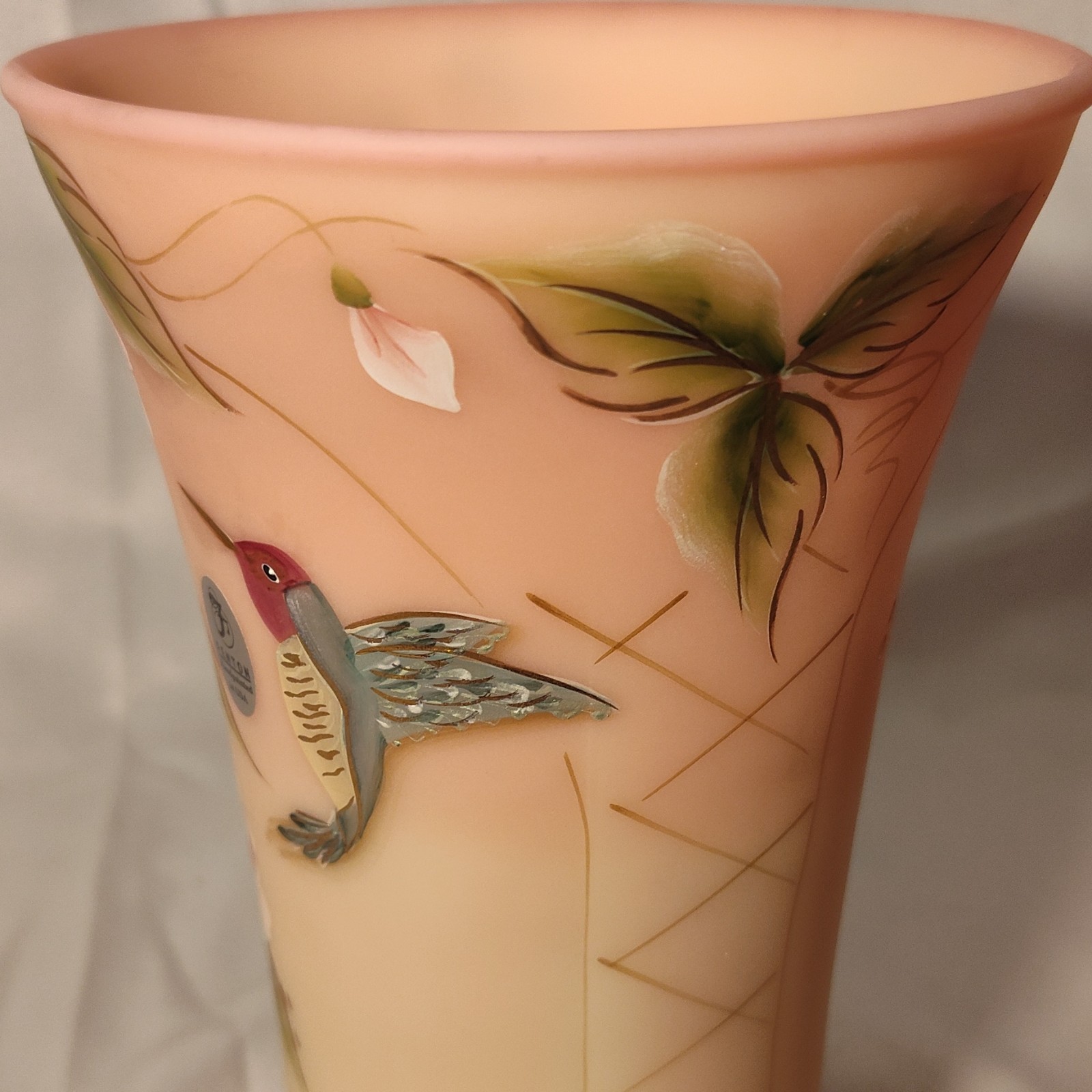 Fenton Connoisseur Collection Burmese Hummingbird Hand Painted Glass Vase