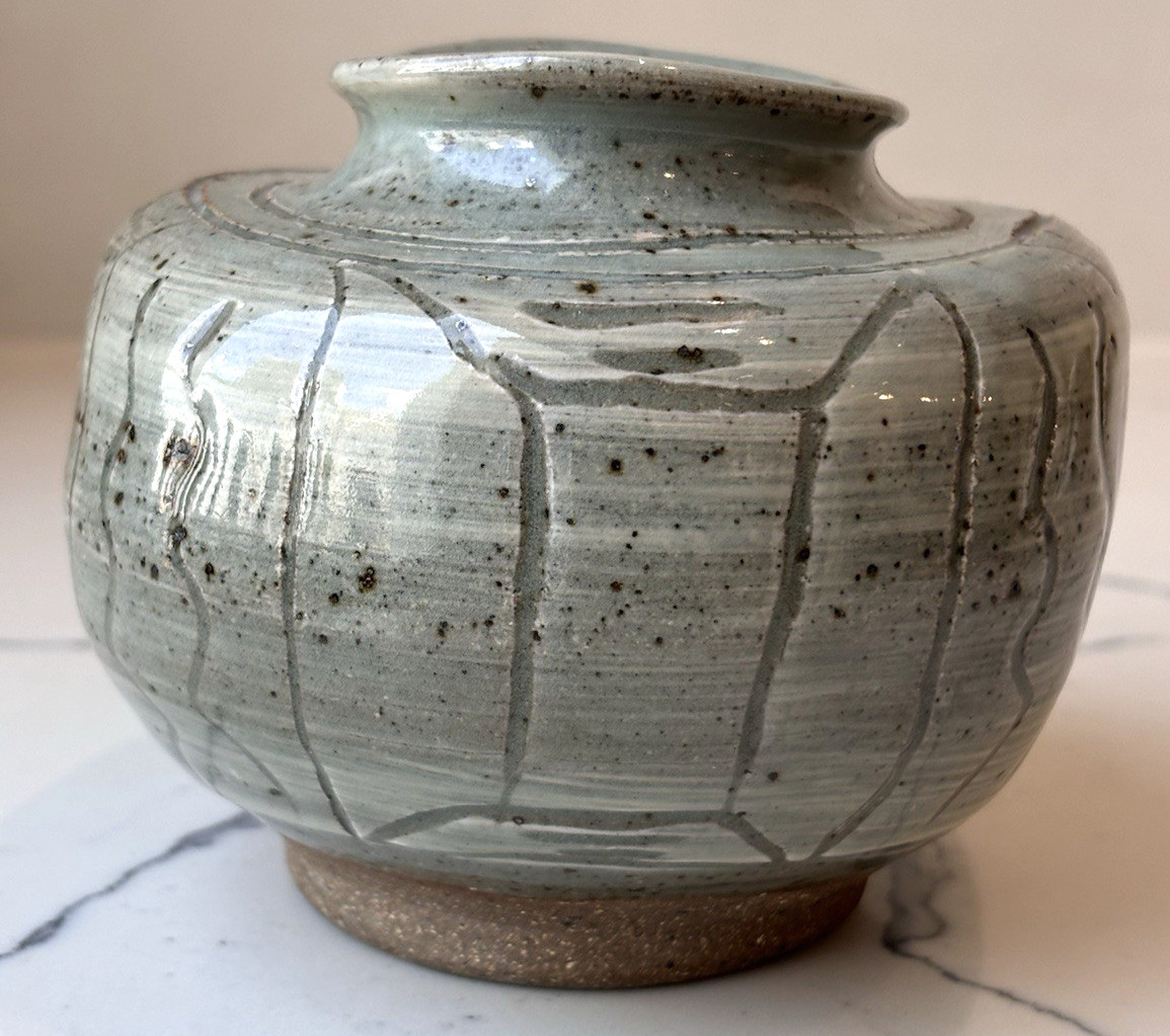 Vintage Signed Incised Glazed Art Pottery with Bamboo Theme, Asian Decor Gifts