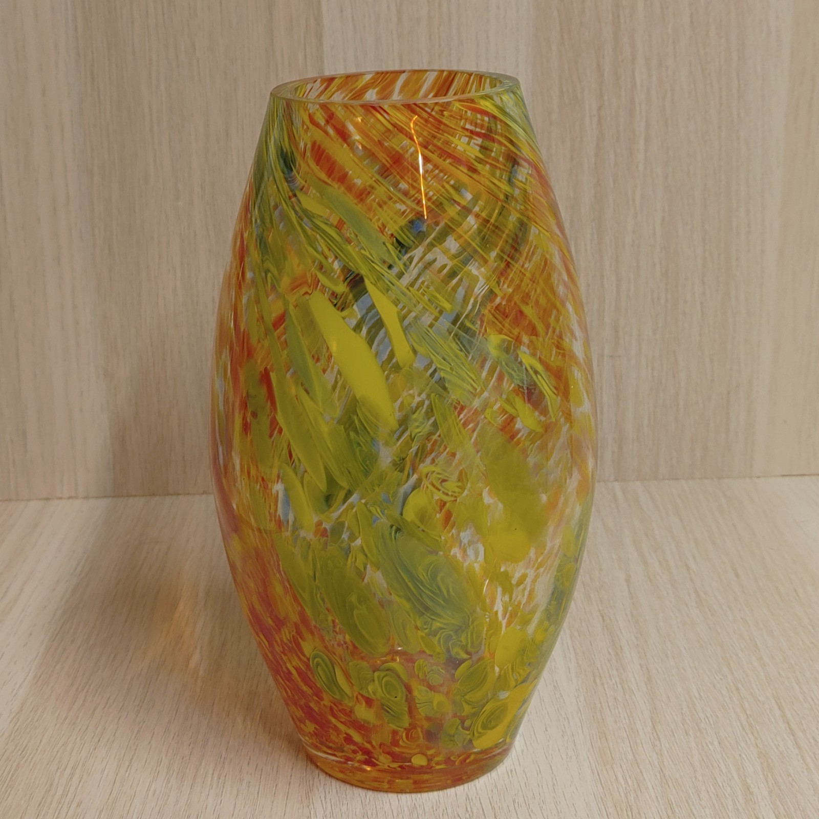 Art Glass Vase Red Yellow Green 8.5″
