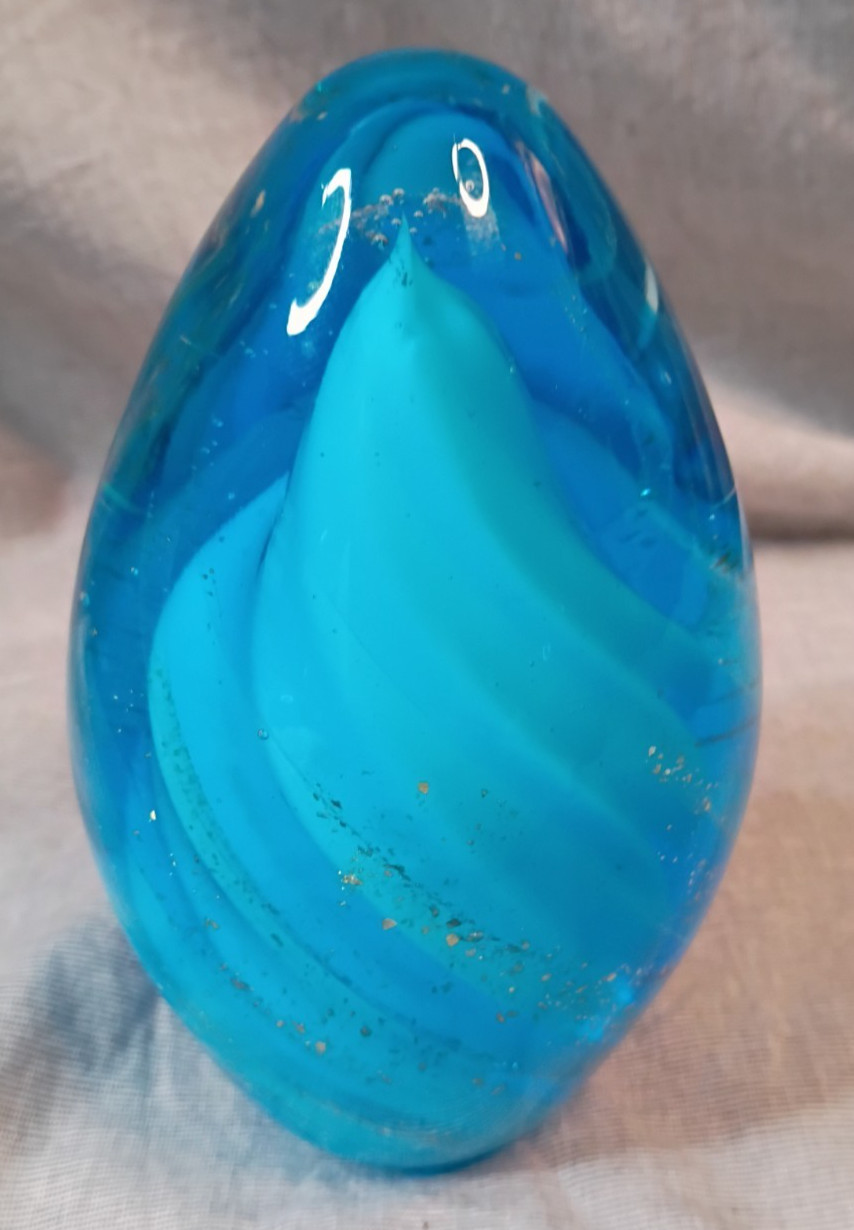 Murano Baby Blue, White, and Gold Swirl Glass Egg Paperweight Heavy Italy