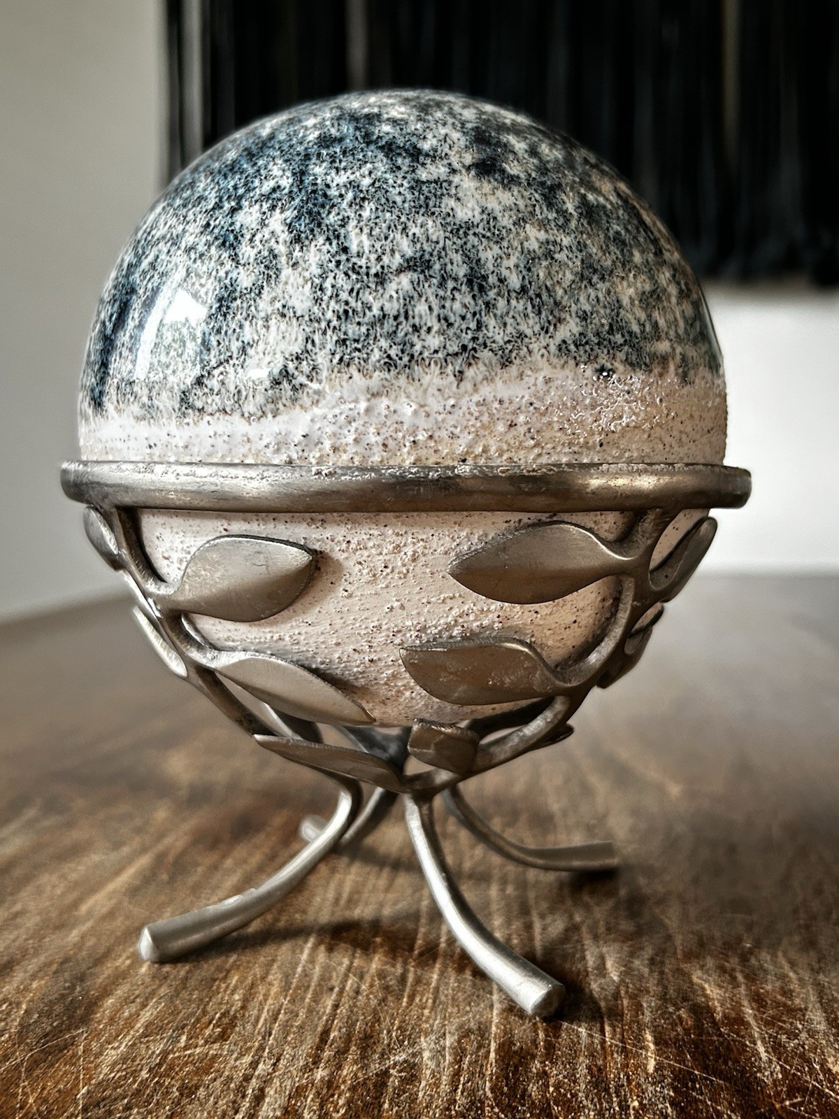 Pottery Ceramic Azurite Orb On Metal Stand Rough On Bottom Smooth On Top