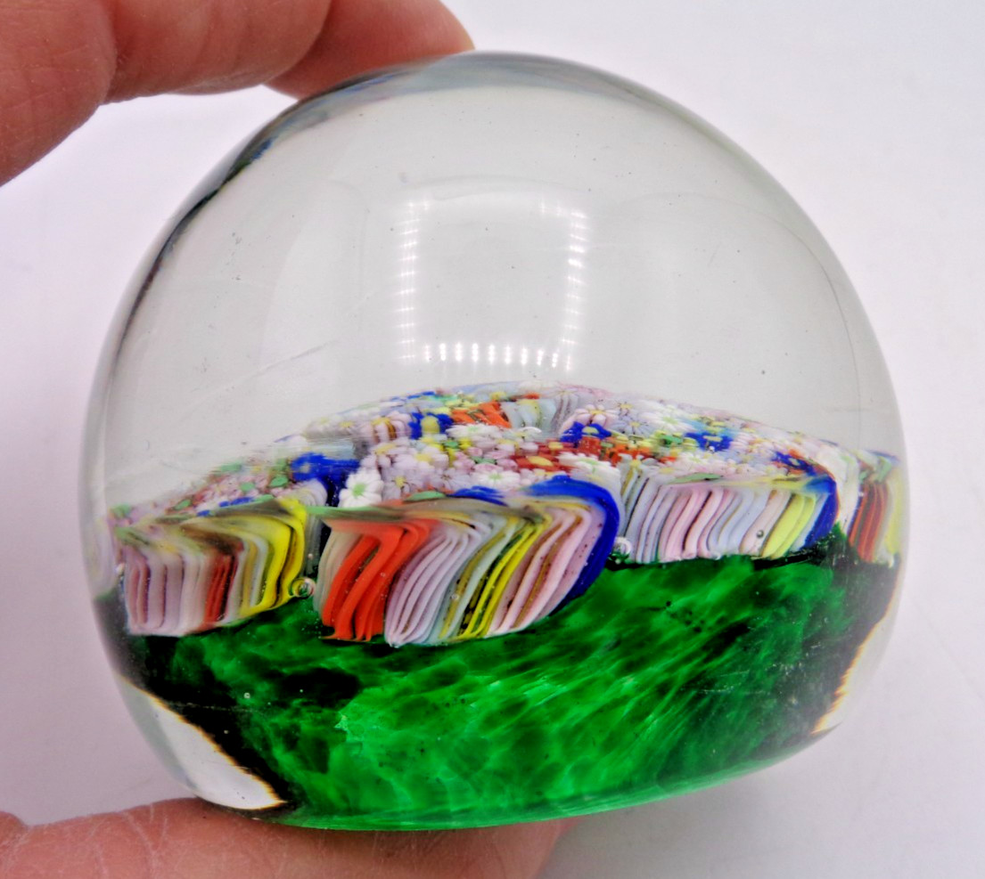 Vintage MURANO Art Glass Millefiori Seven Flower Bouquet Paperweight -Italy