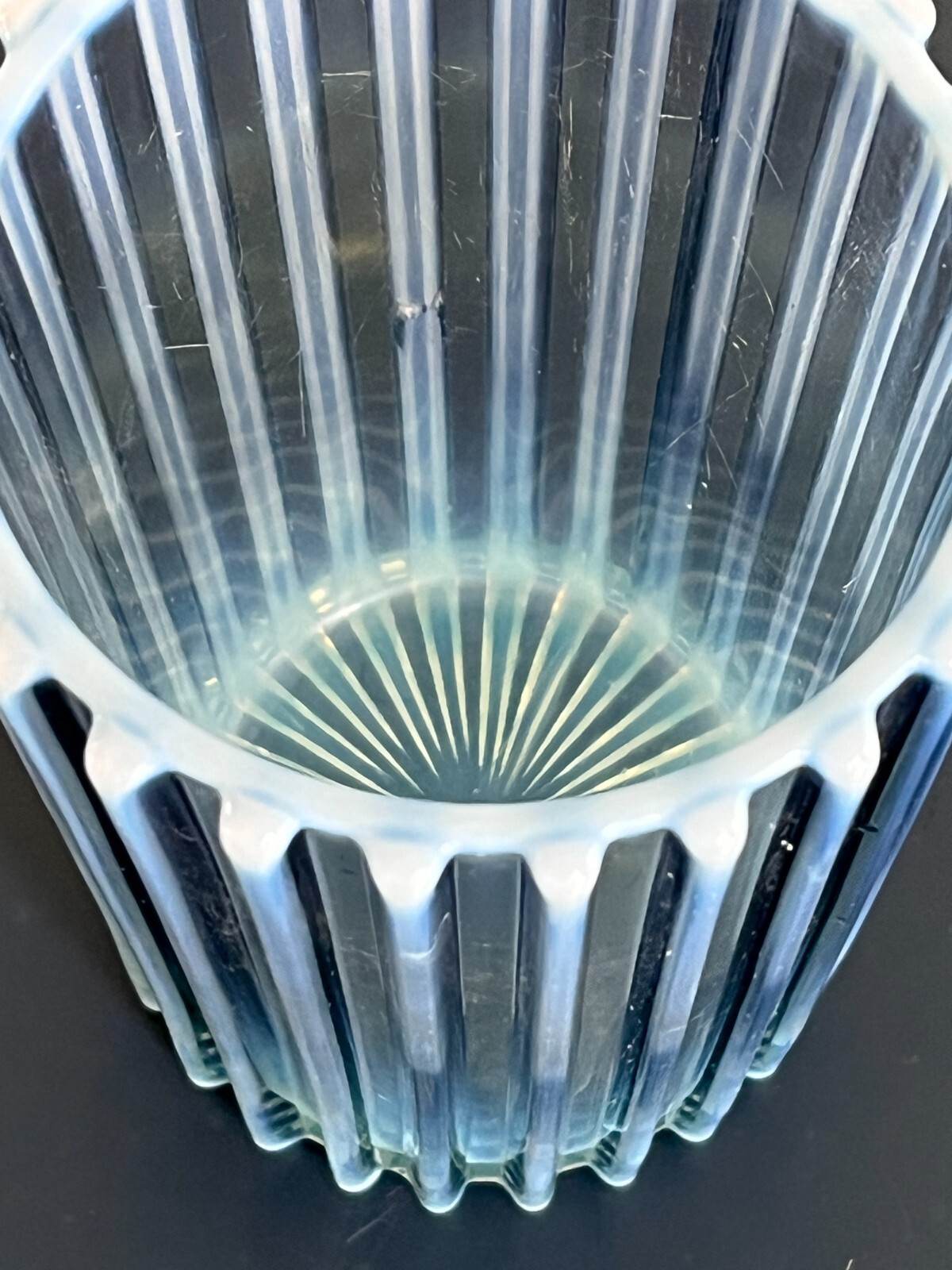 RARE ANTIQUE BLUE OPALESCENT GLASS AJ BEATTY RIB CELERY VASE 6.5″ TALL