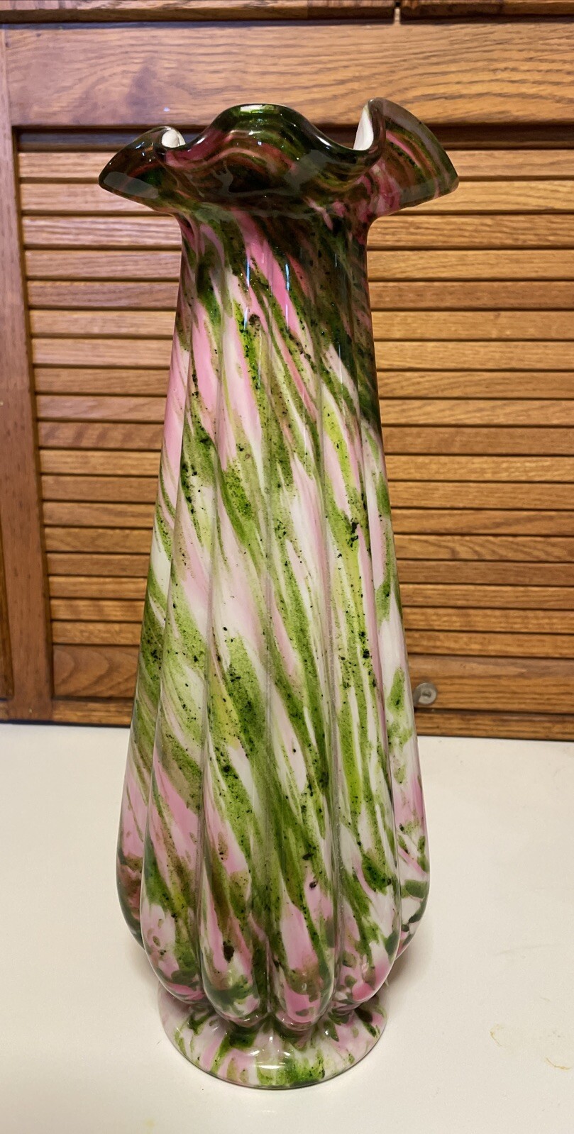 FENTON Vasa Murrhina Large Vase Rose with Aventurine Green, Vintage 14.5 Inches