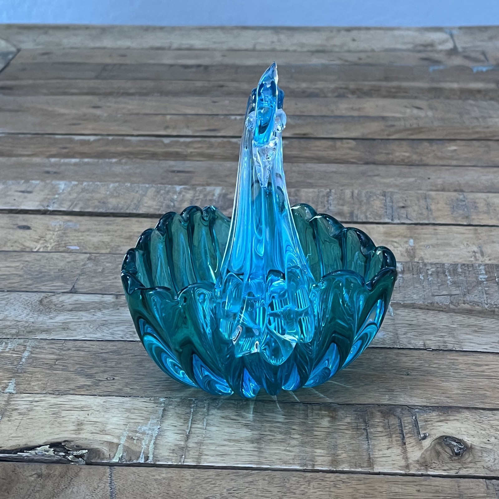 Vintage Teal Blue Swan Glass Art Hand Blown Trinket Dish or Ring Holder 5″