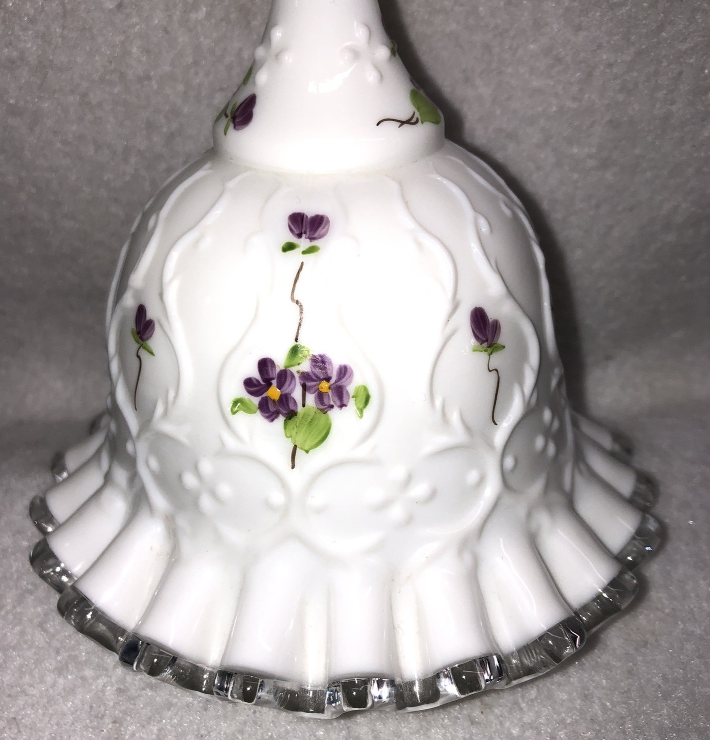 Vtg Fenton Spanish Lace Milk Glass Violets In The Snow Bell Hand Painted Signed