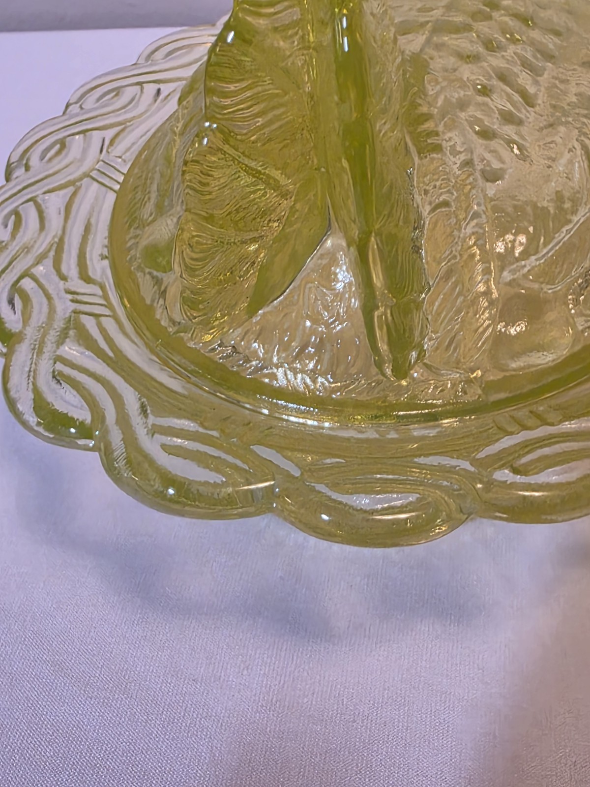 Authentic RARE Mosser Vaseline 6.5” Uranium Glass Hen on Nest Candy Dish PERFECT
