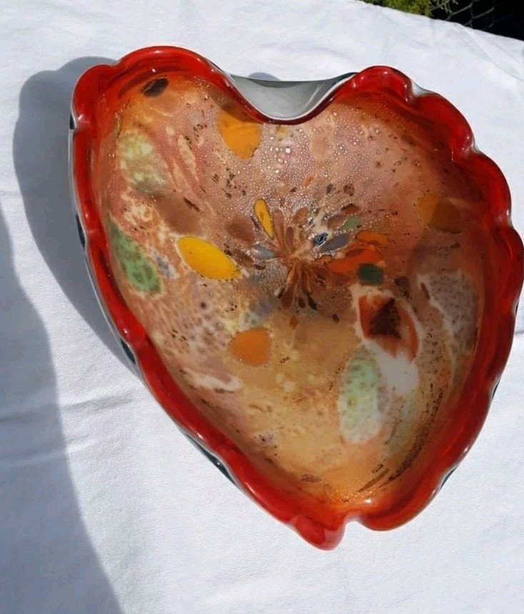 Mid Century Art Glass Fratelli Toso Heart Shaped Dish Orange Flame