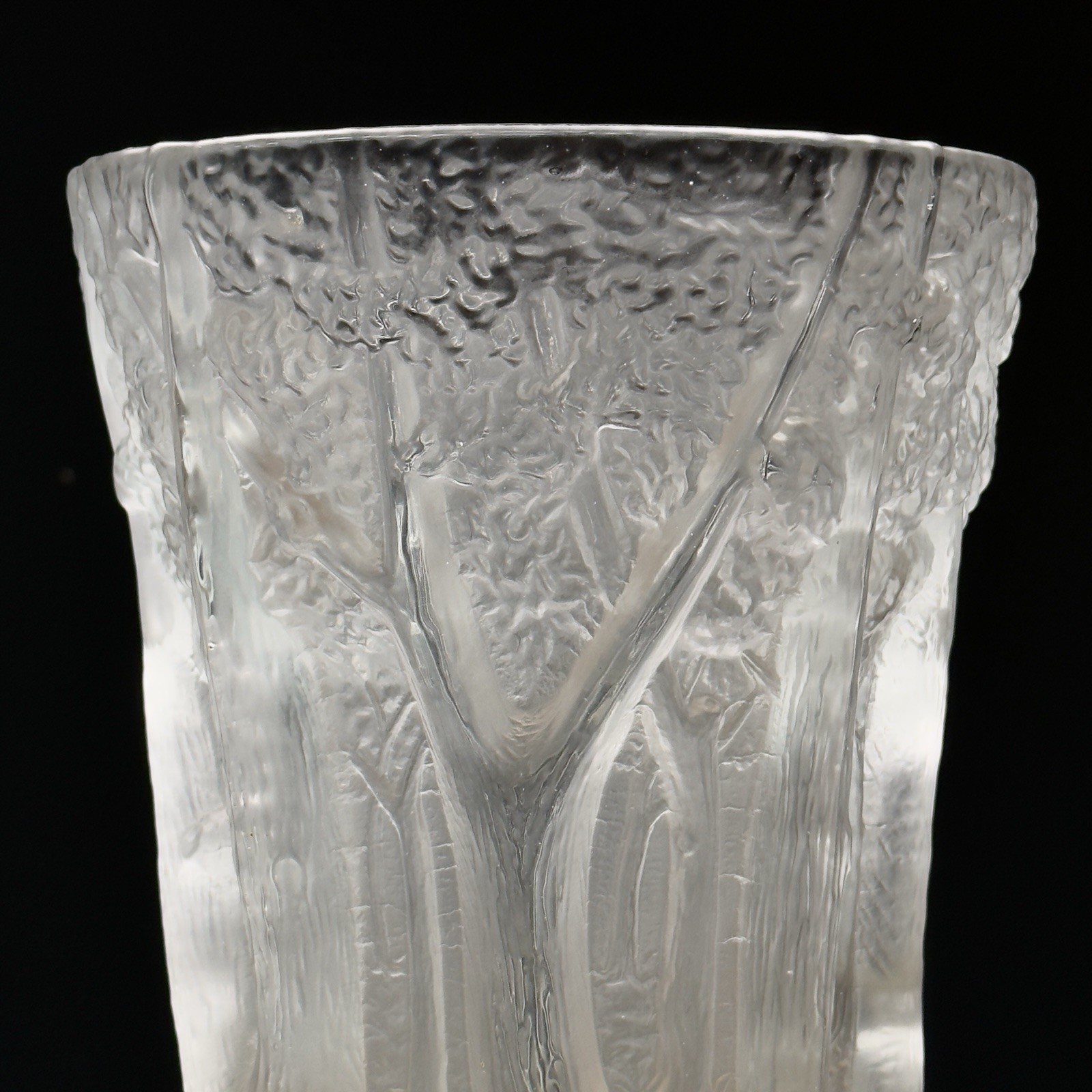 Vintage Art Deco Molded Bas-Relief Frosted Glass Vase with Sculpted Trees/Forest