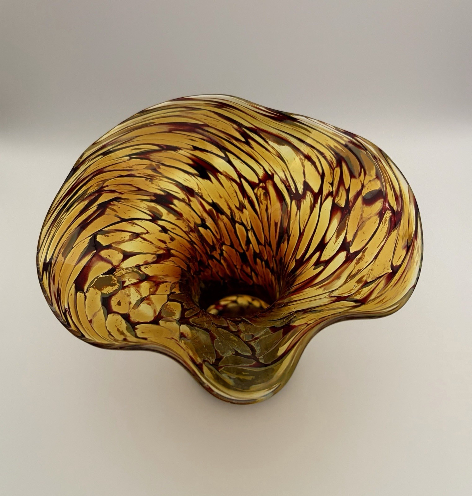 Hand Blown Feathered Art Glass Sculpture Vase Amber Brown Ruffled Art