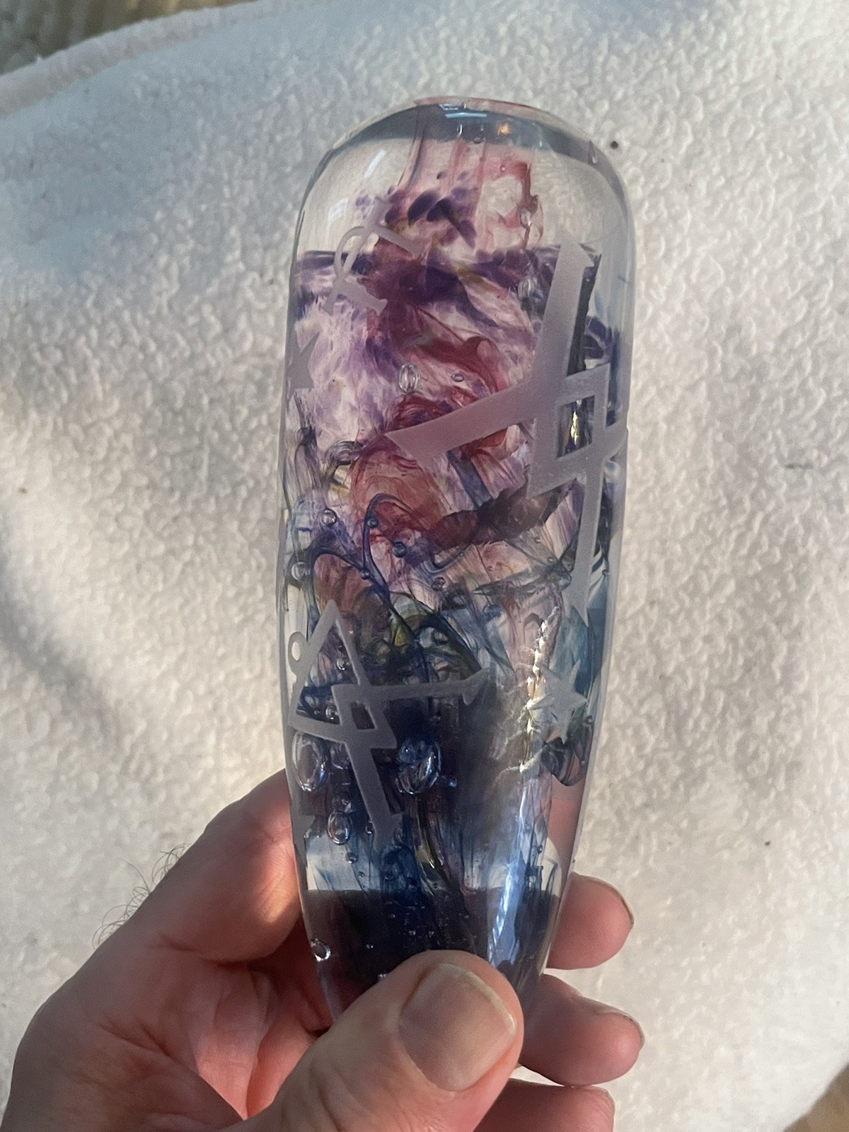 Lg Unusual Rare Duncan McClellan Art Glass Paperweight Etched Man Stars Symbols