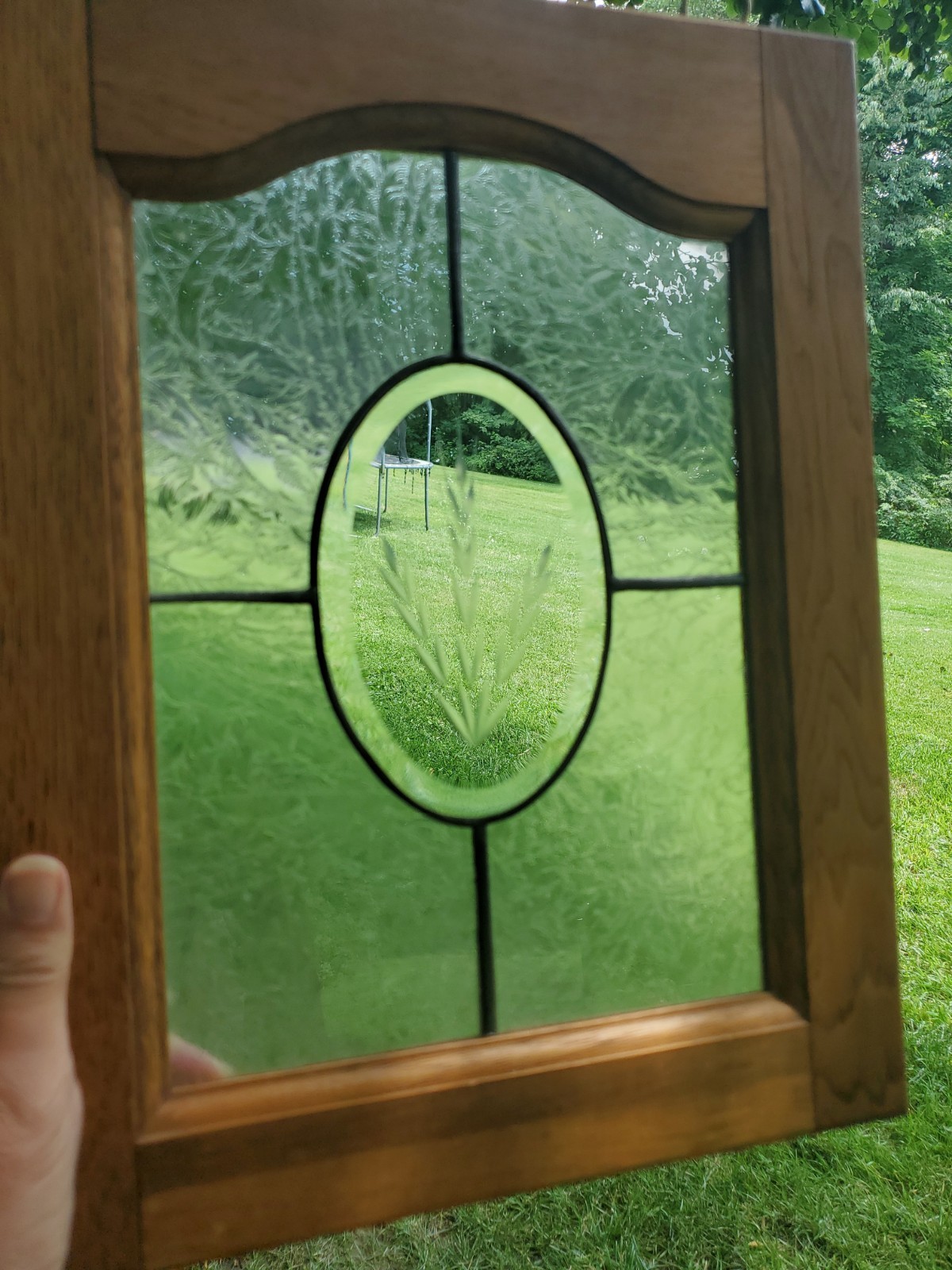 Vtg Handmade Etched Leaded Glass Wood Frame Botanical Wall Art Window Brass