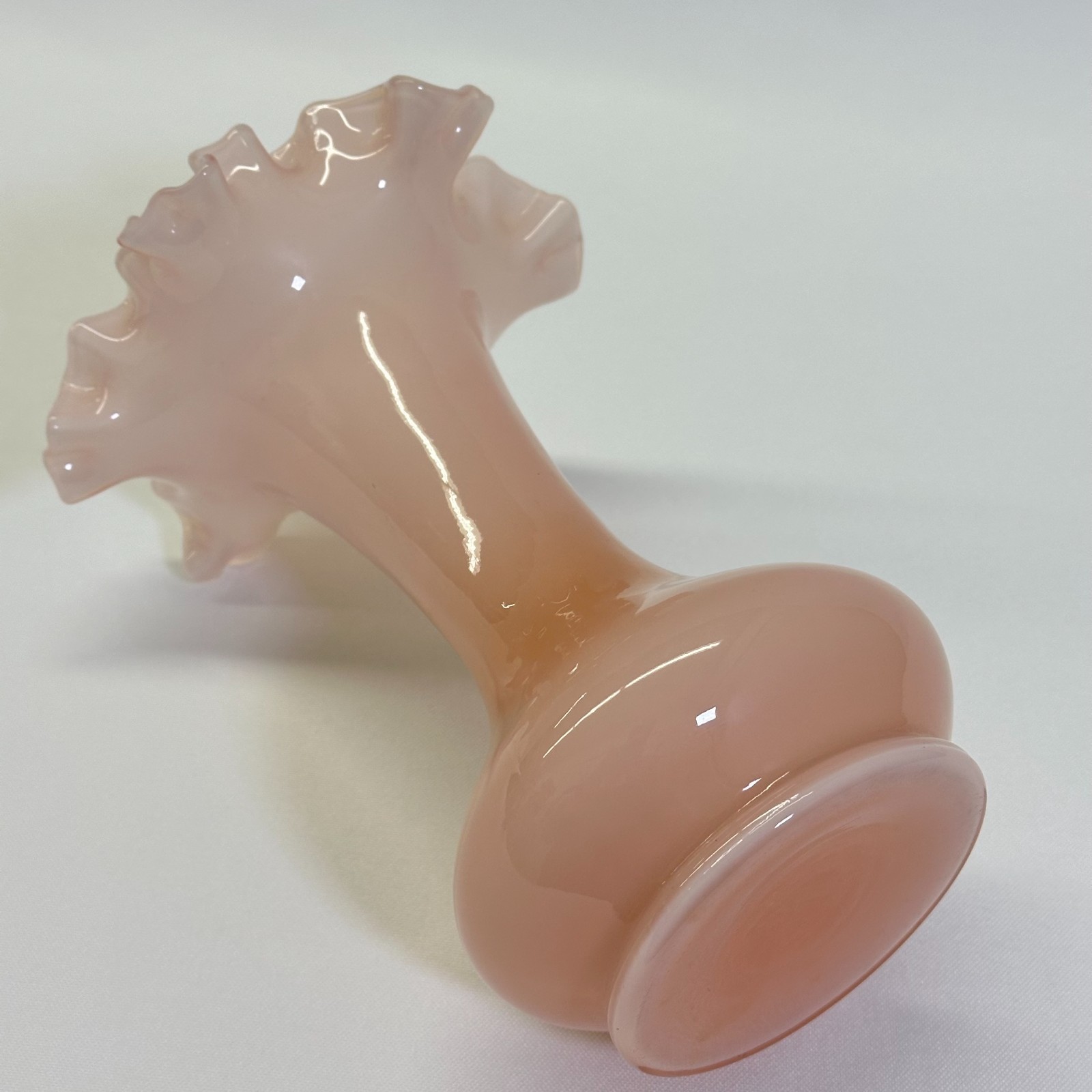 Fenton Pink Overlay Ruffled Vase Milk Glass Crimped Rim Vintage 7 3/4″