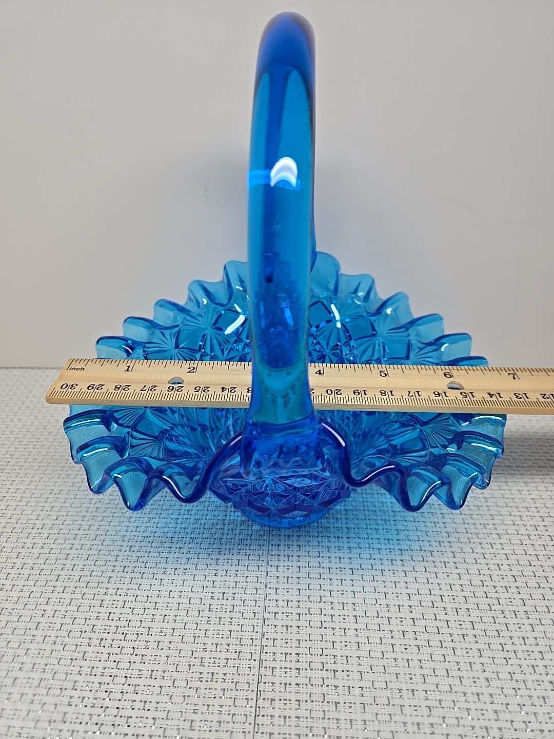 Vintage Fenton Olde Virginia Art Glass Blue Ruffled Basket Pressed w/Handle 8”