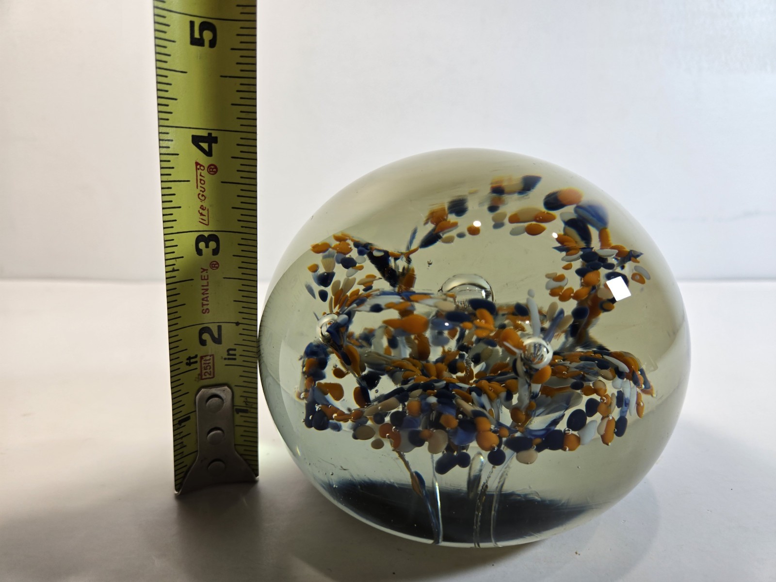 Vintage Paperweight 5” Round Orb Amber Blue White Orange Large Glass Handmade