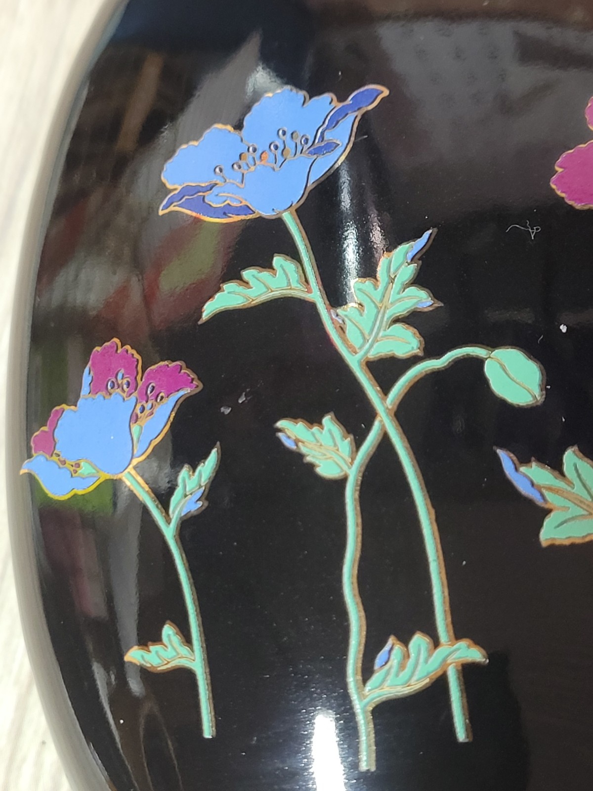 Vintage Japanese Black Glaze Vase Hand Painted Floral Gold Detail Ceramic