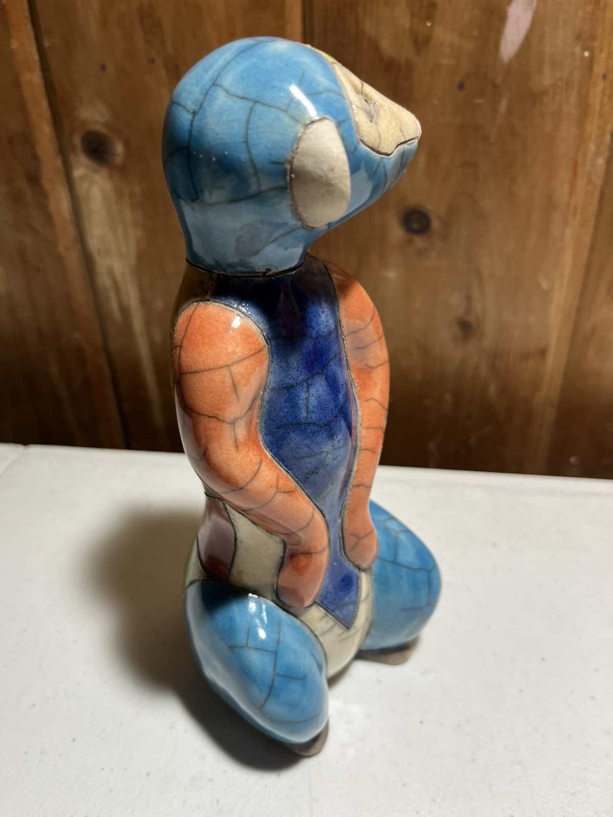 Raku Pottery Meerkat Hand Made South Africa Signed multicolor geometric VTG