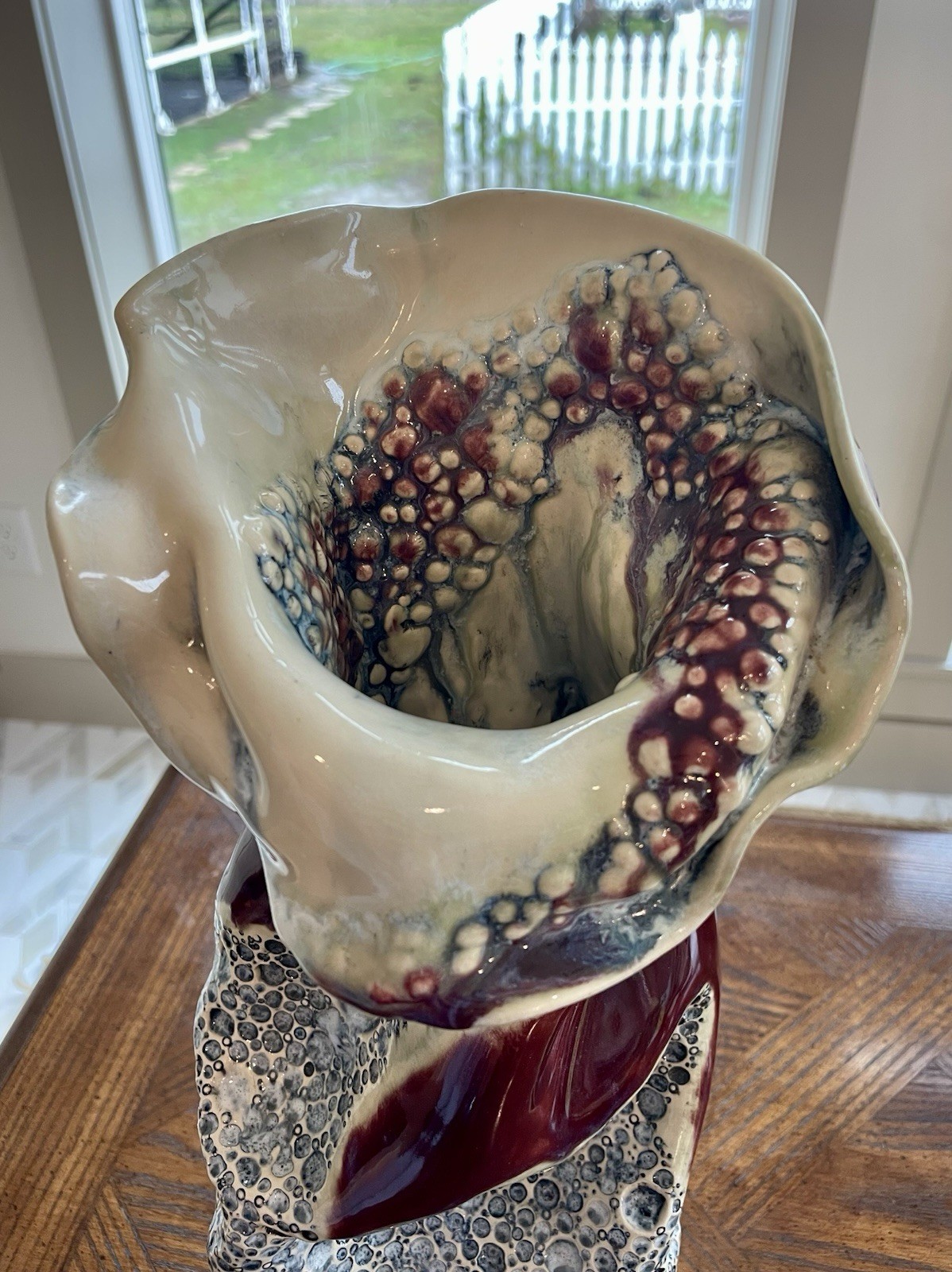 Exquisite Artist Signed Pottery Handmade Sculpted Vase Red Maroon Gray Cream