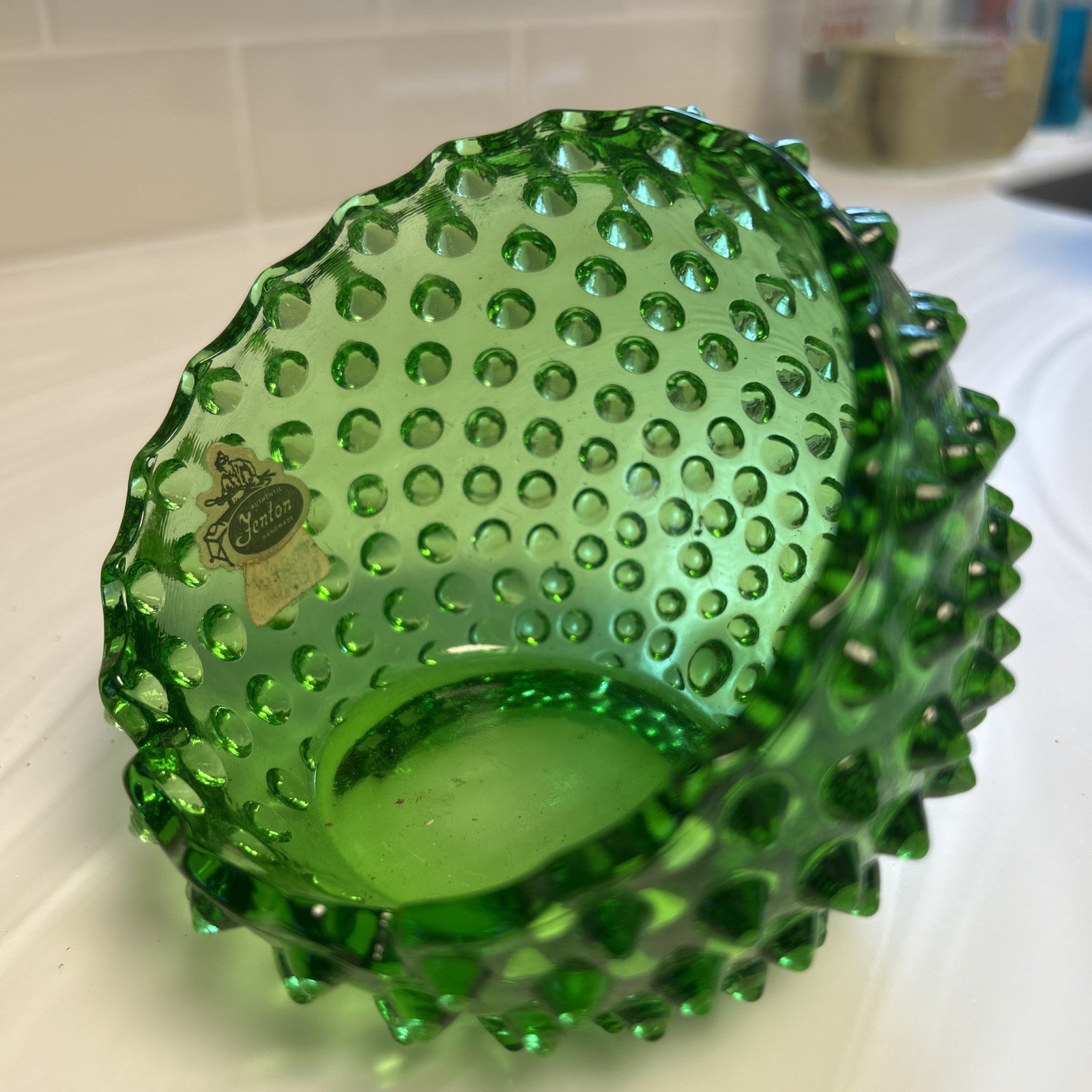 VtG FENTON Glass Green Hobnail Orb Ashtray Round Atomic Retro nubby mid century