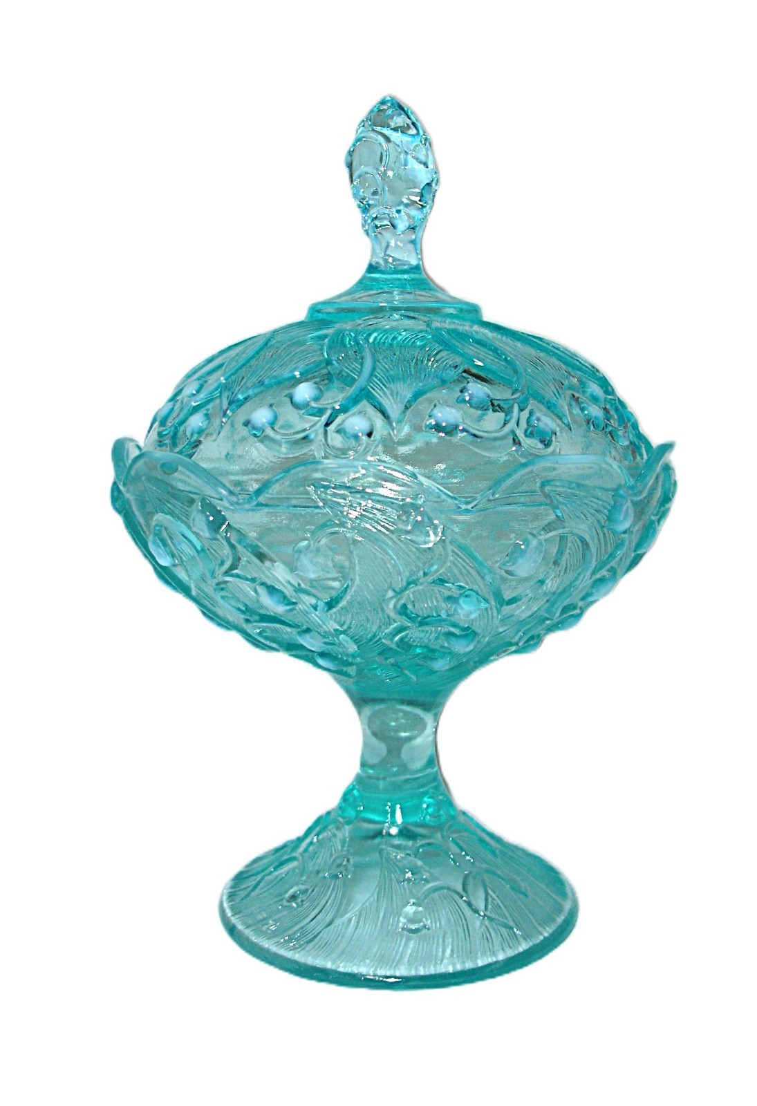 Fenton Glass Aqua Opalescent Lily of the Valley Footed Covered Candy Jar