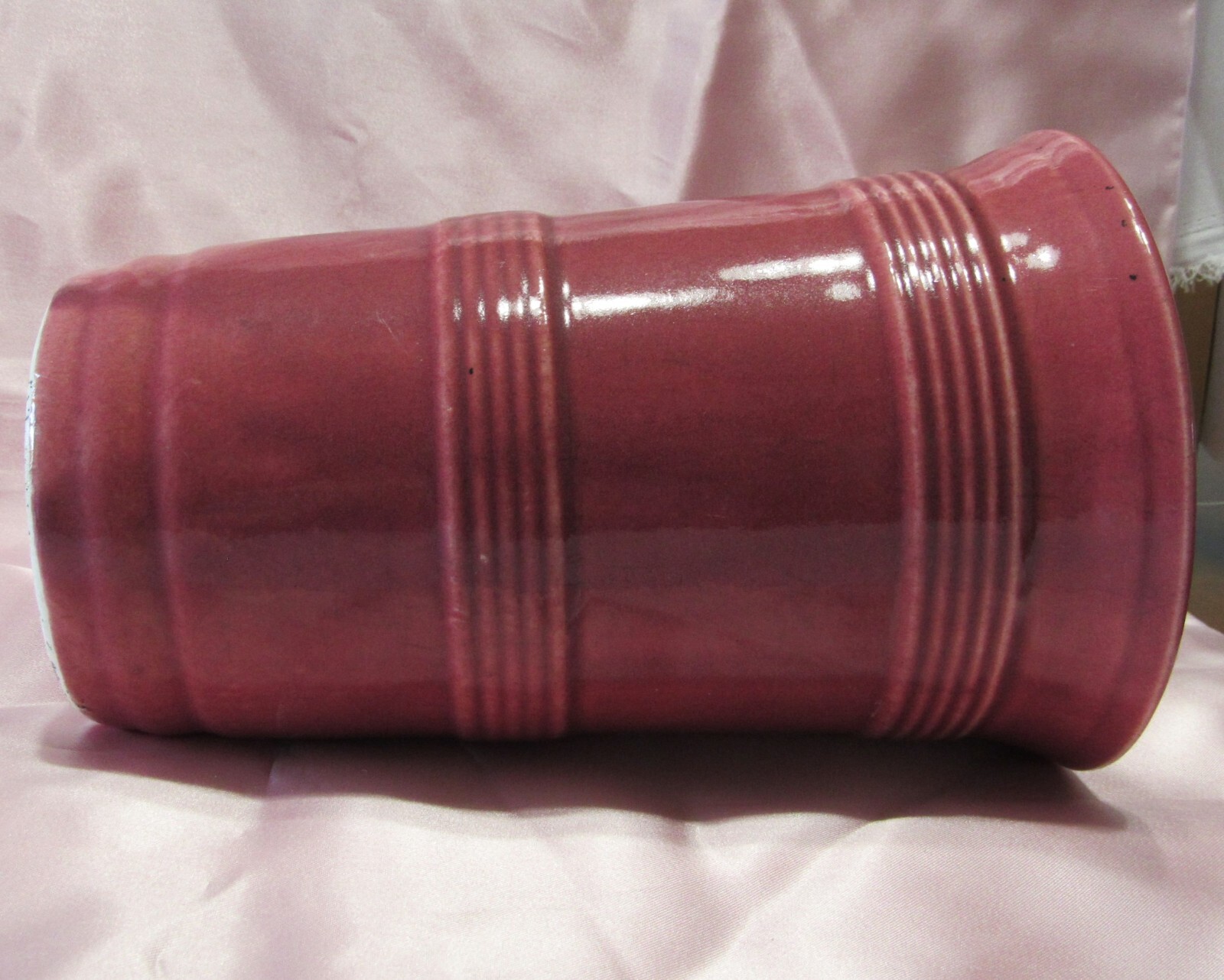 Art Deco Art Pottery 8 Inch Maroon Dusty Rose Banded Rib Vase A1870