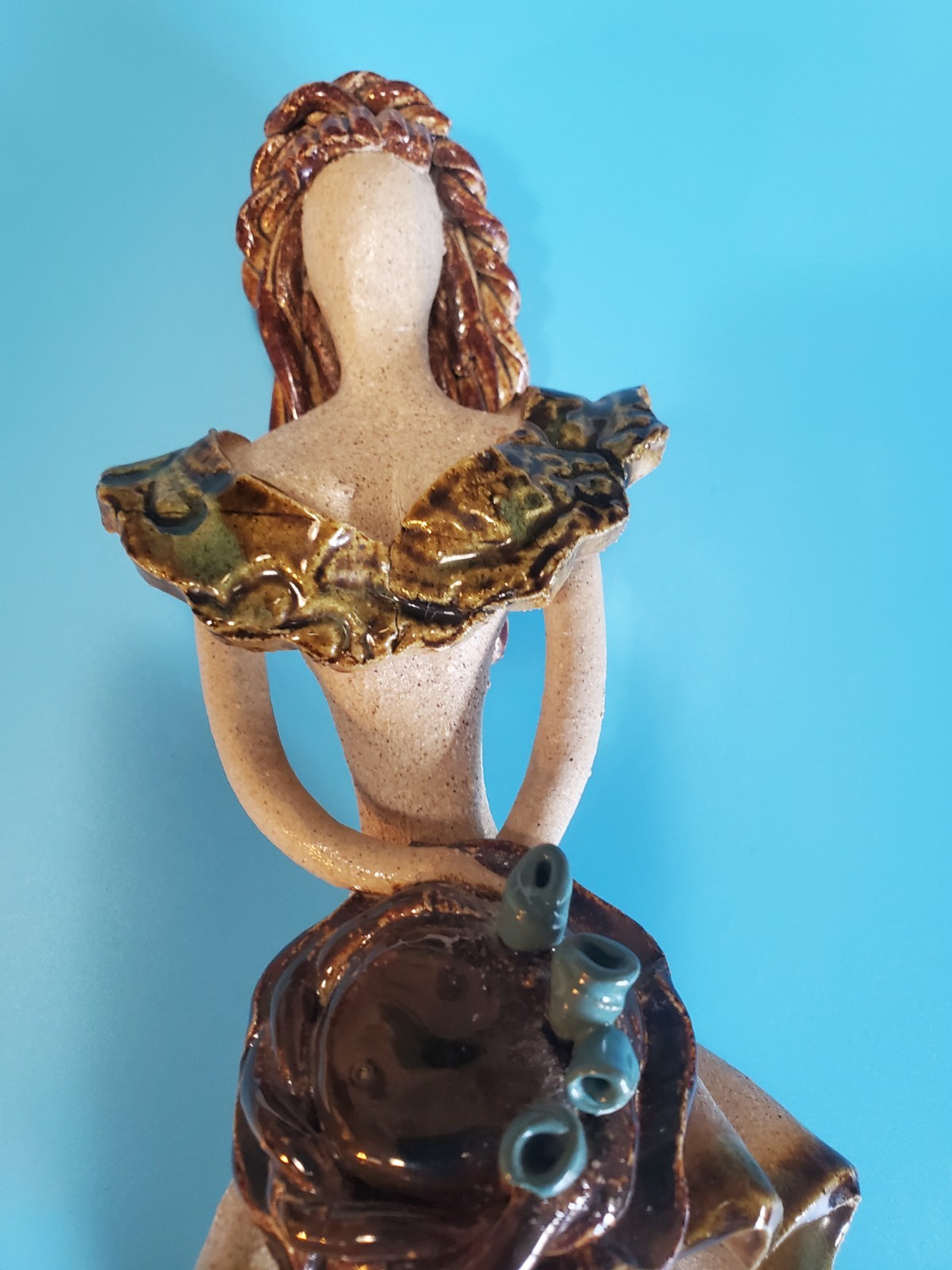 Spaghetti Hair Clay Art Pottery 9.5 Inches Tall Sculpture Woman Holding Hat