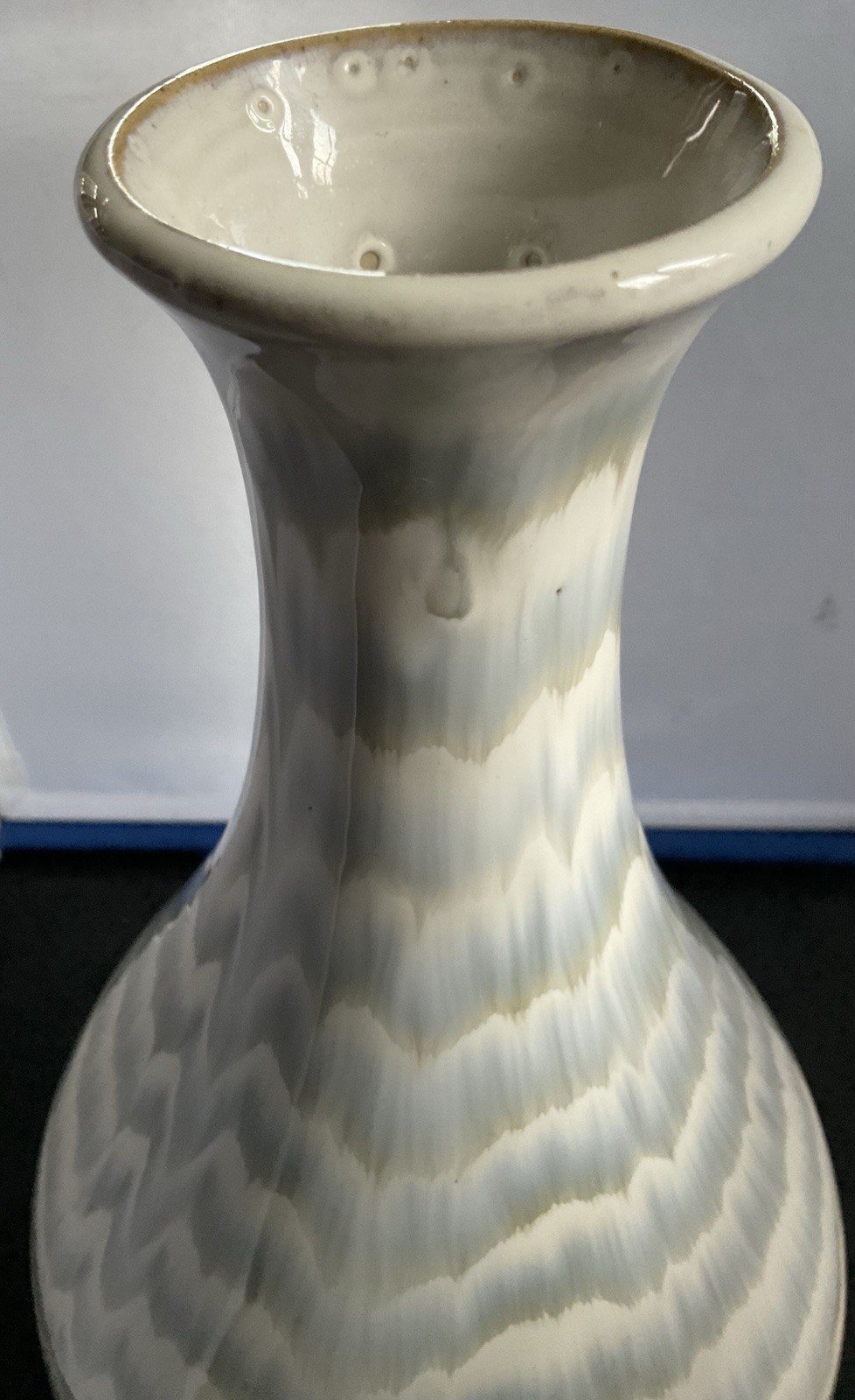 Large Handmade Signed Vase Cream Blue Green Abstract 16” X 8” Ceramic Glossy