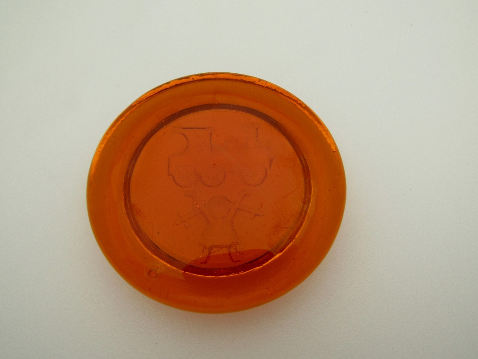 Unbranded Amber Glass 2 1/2″ Round Flat Bottom Girl With Train Paperweight 3D