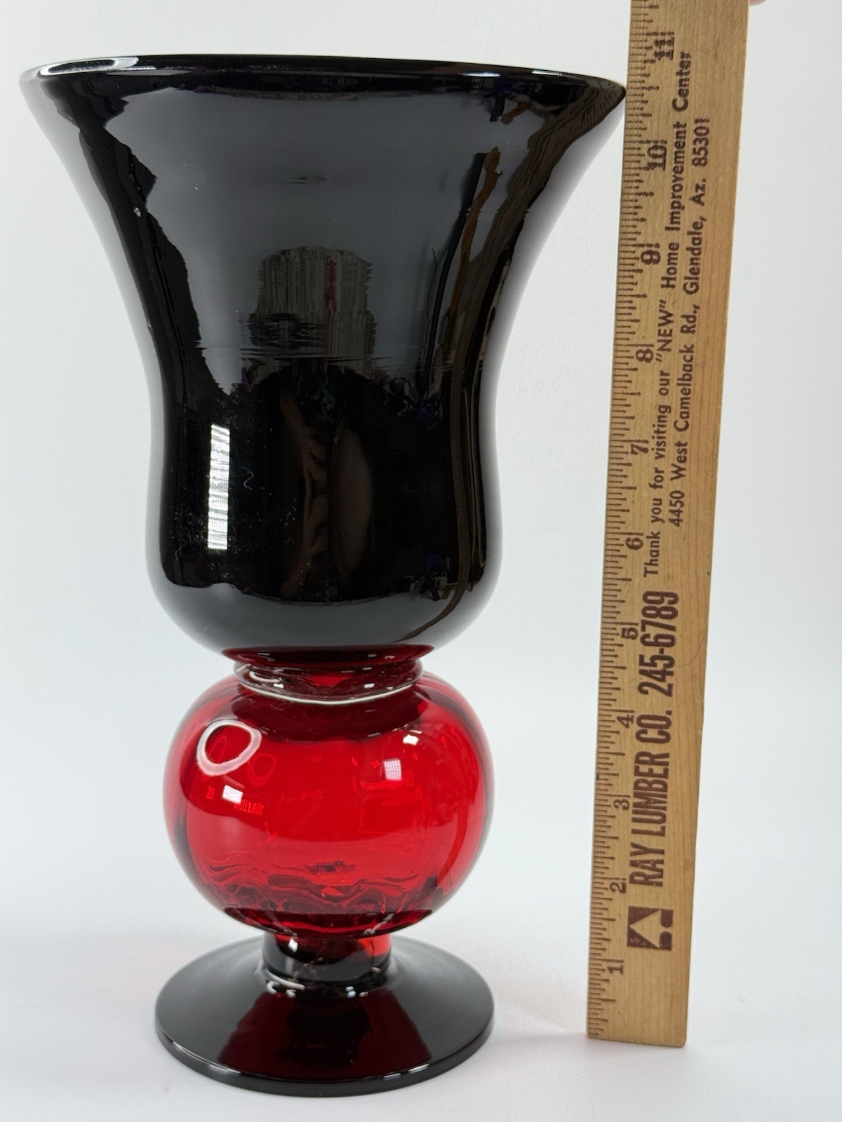 Heavy Pretty Black with Red Handblown Vase 10 1/2″ Tall