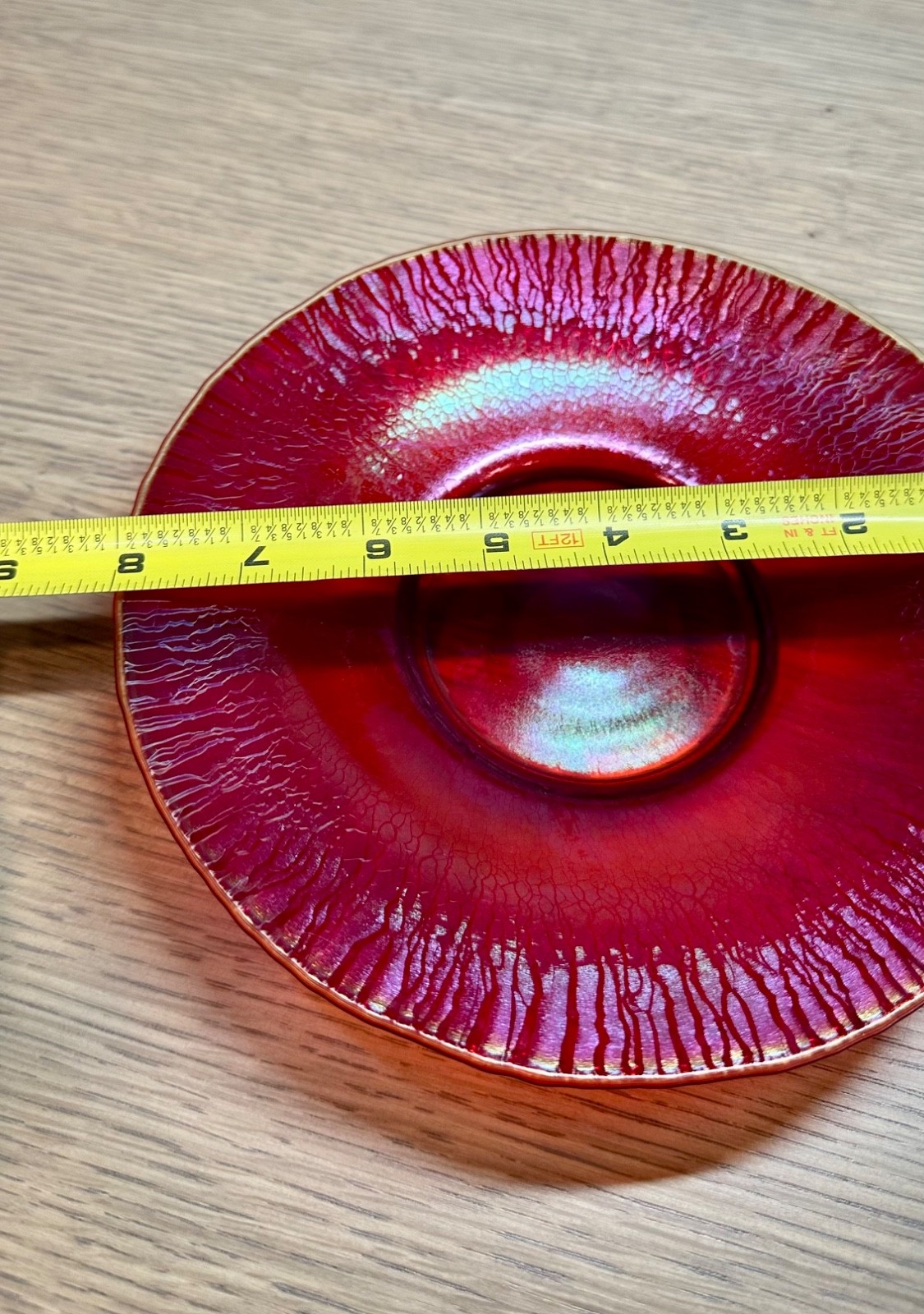 Poschinger VTG Ruby Red Stretch Glass Plate Iridescent Onionskin West Germany 8″