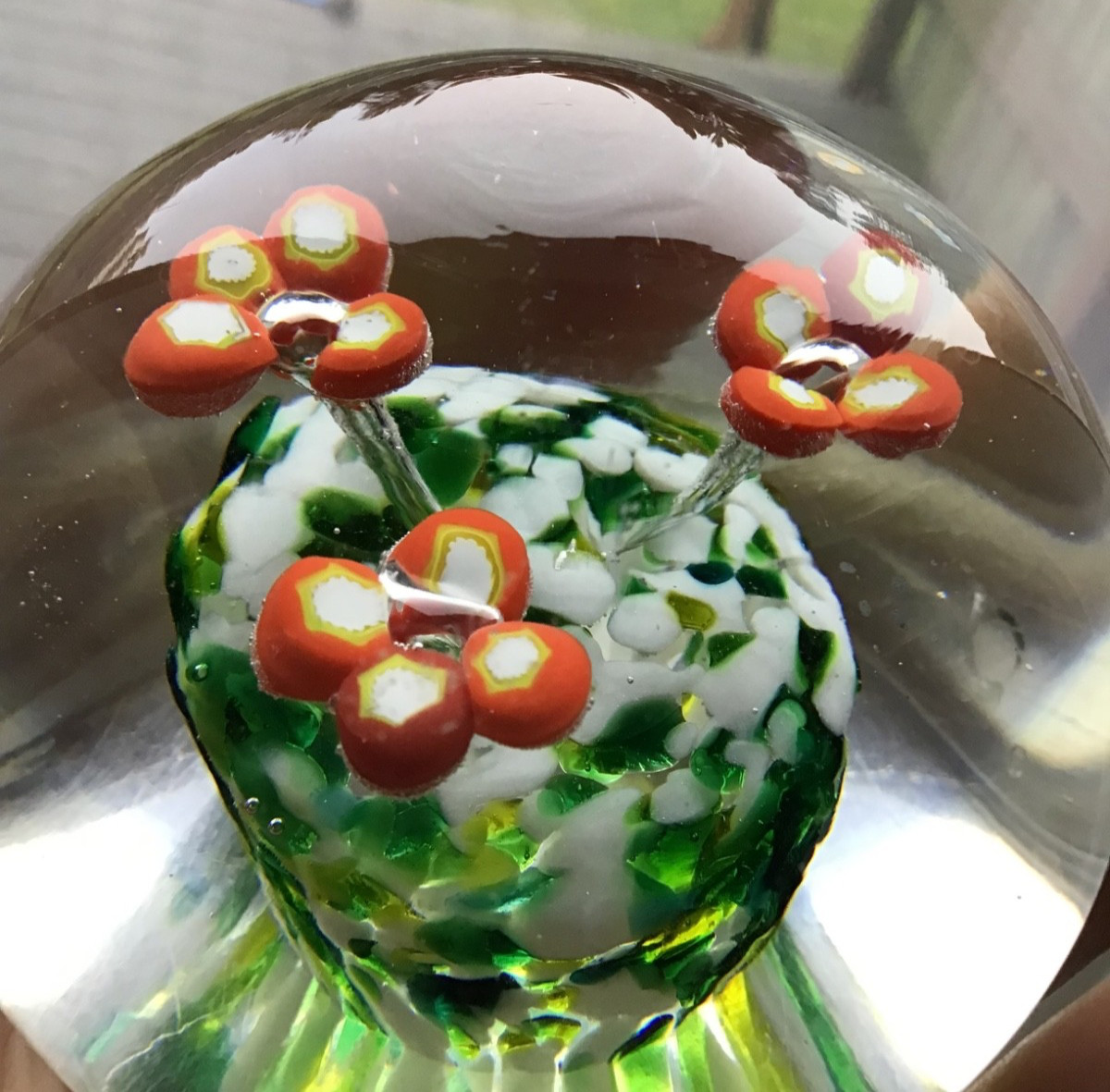 Vintage Bohemia Czechoslovakia Hand Made Paperweight Three Orange Flowers 3 Inch