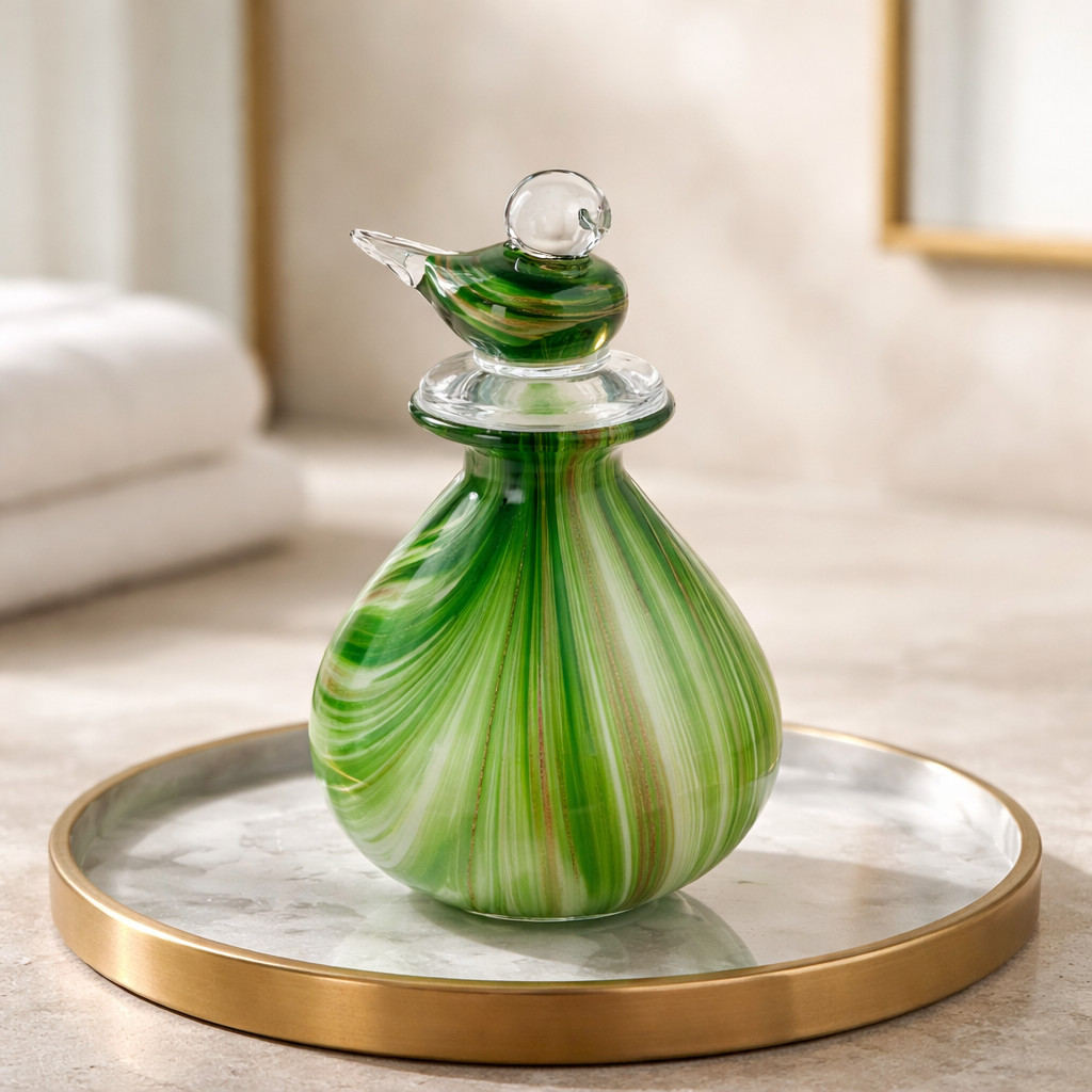 Dale Tiffany hand blown cased glass gourd bottle with bird finial stopper- 10″