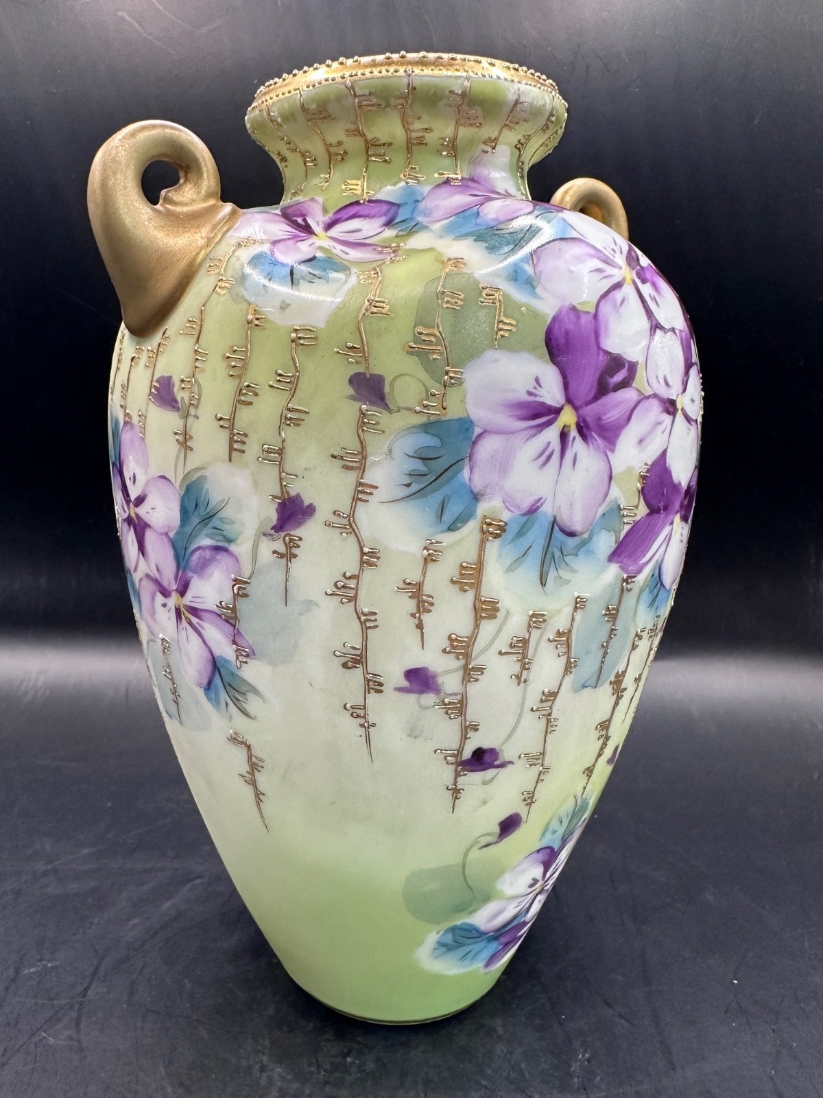Antique Nippon Porcelain Amphora Vase Purple Violets Gold Moriage Art Nouveau