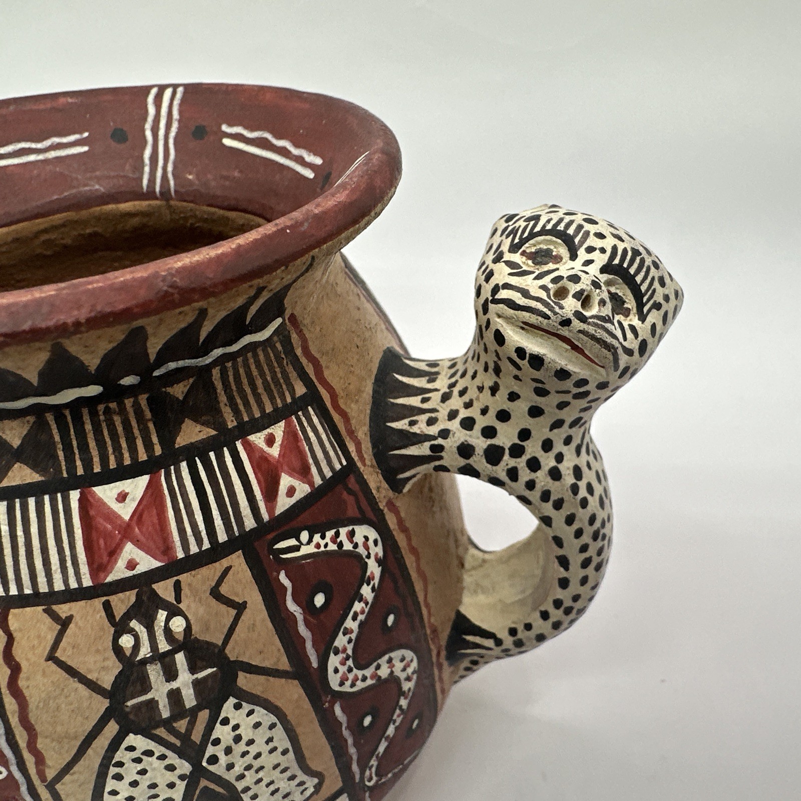 Peruvian Pottery Jaguar Handle Bowl Vase Hand Painted Insect Bird Vtg