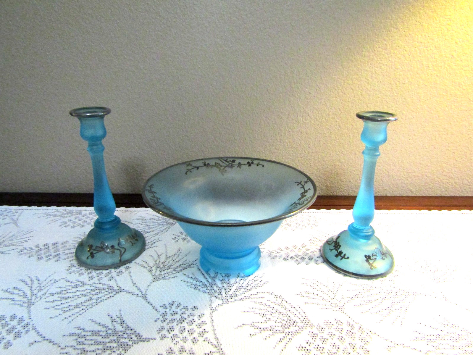 Tiffin Sky Blue Satin Glass CONSOLE BOWL & CANDLESTICK HOLDERS / Silver Overlay