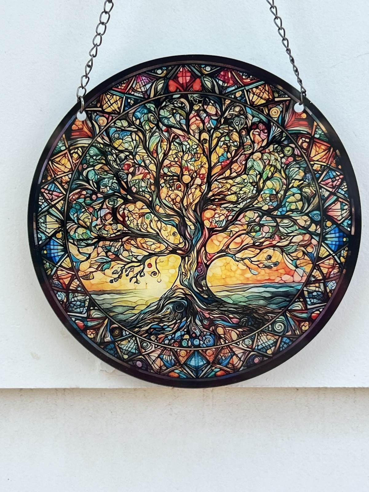 Round Tree of Life Stained Glass Style Multicolor Glass Hanging Suncatcher Chain