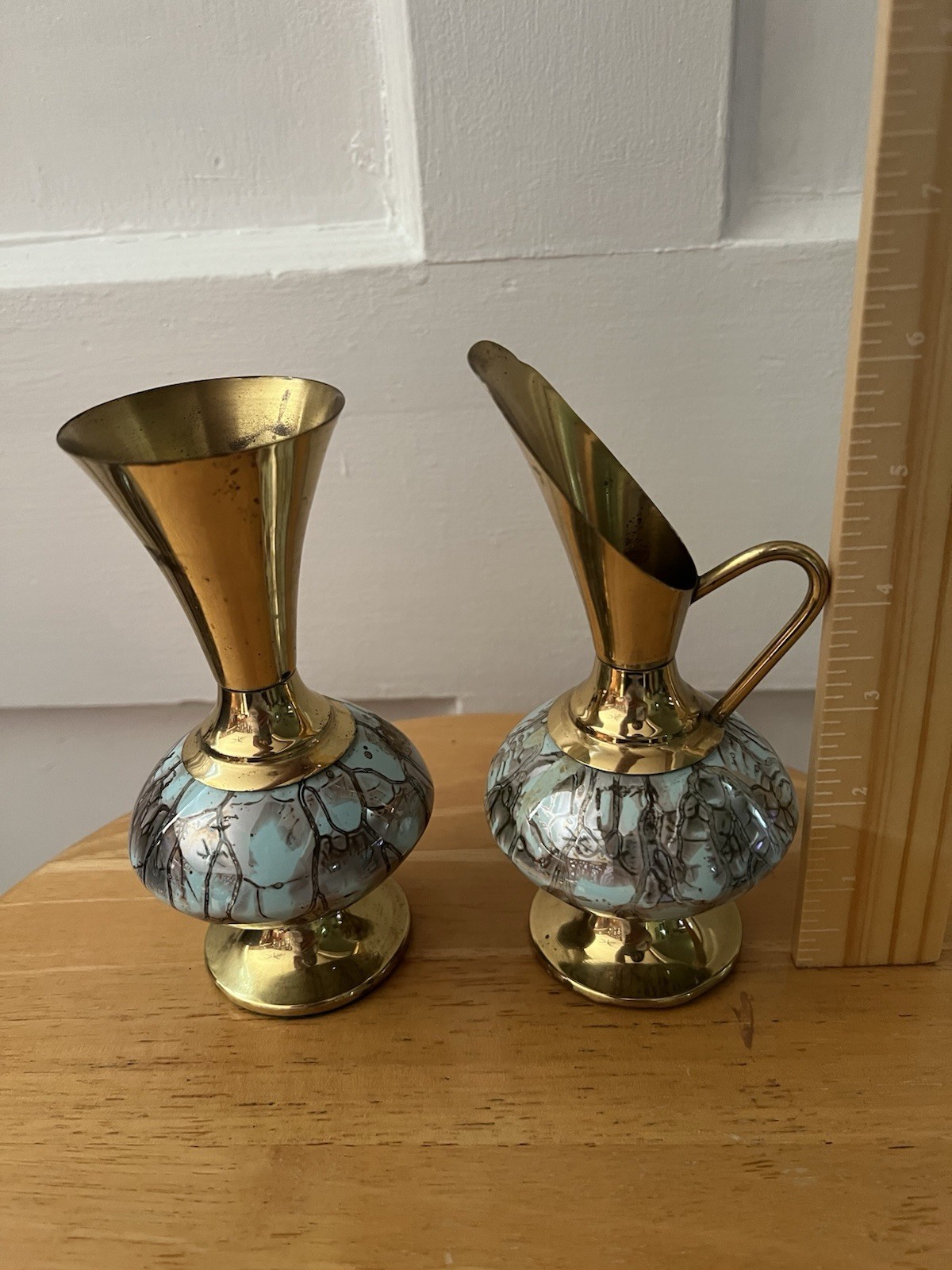 Vintage Delft Made In Holland Hand Painted Blue/Green Porcelain Brass Vase+pic