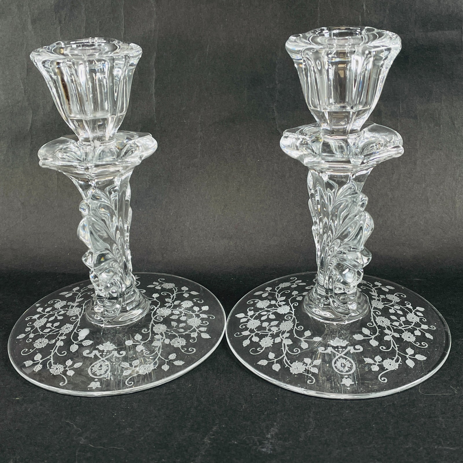 Pair Vintage Fostoria Navarre Etched Glass Candlesticks Baroque Candle Holders