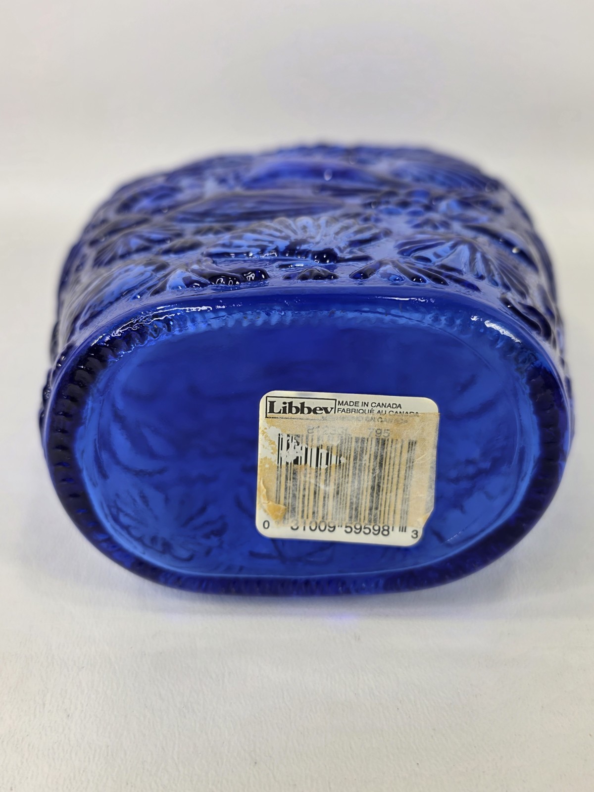 Libby Cobalt Blue Glass Bottle Decanter Sea Shell Pattern 8.5”