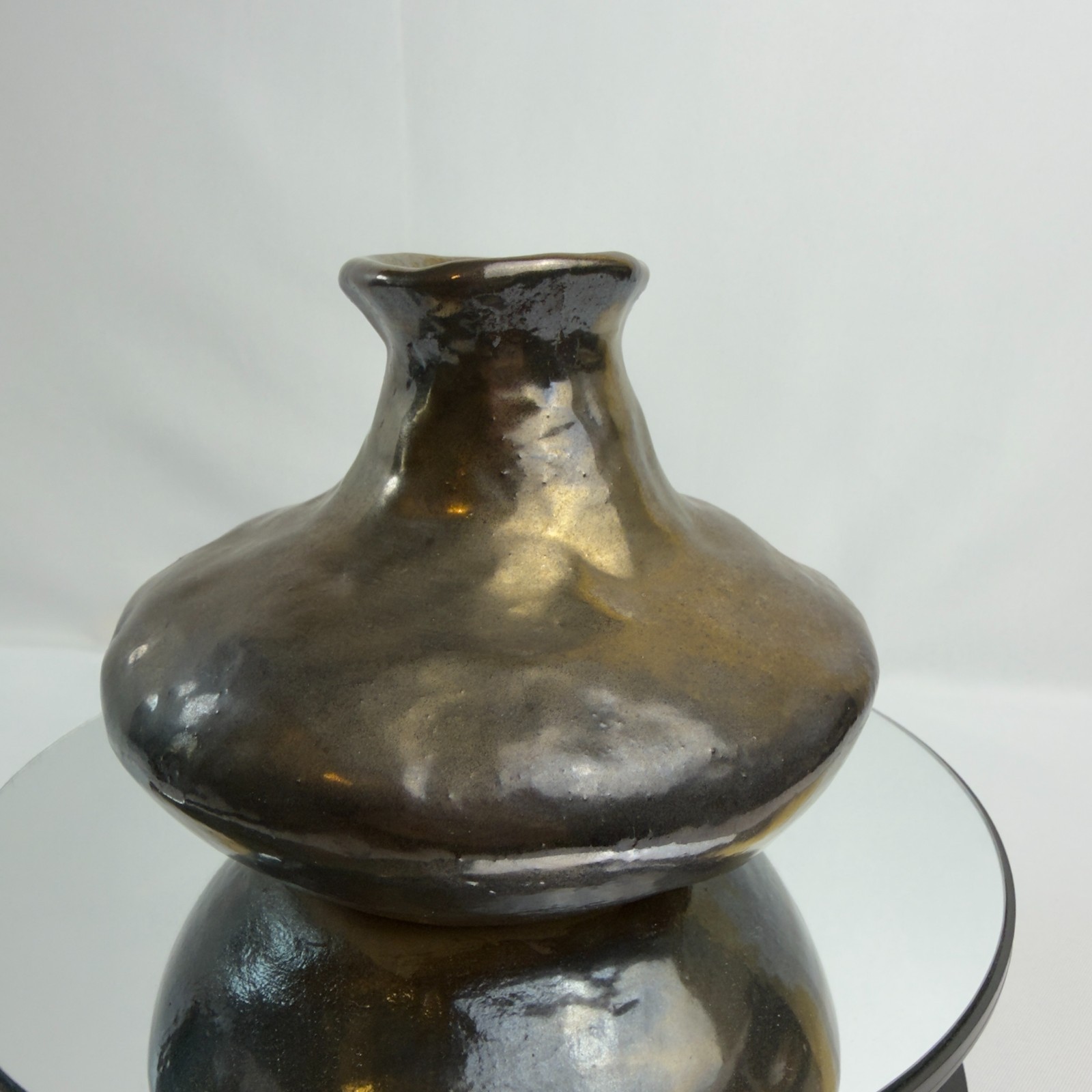Studio Art Pottery Raku Fired Vase Iridescent Metallic Artist Signed Earth Tones