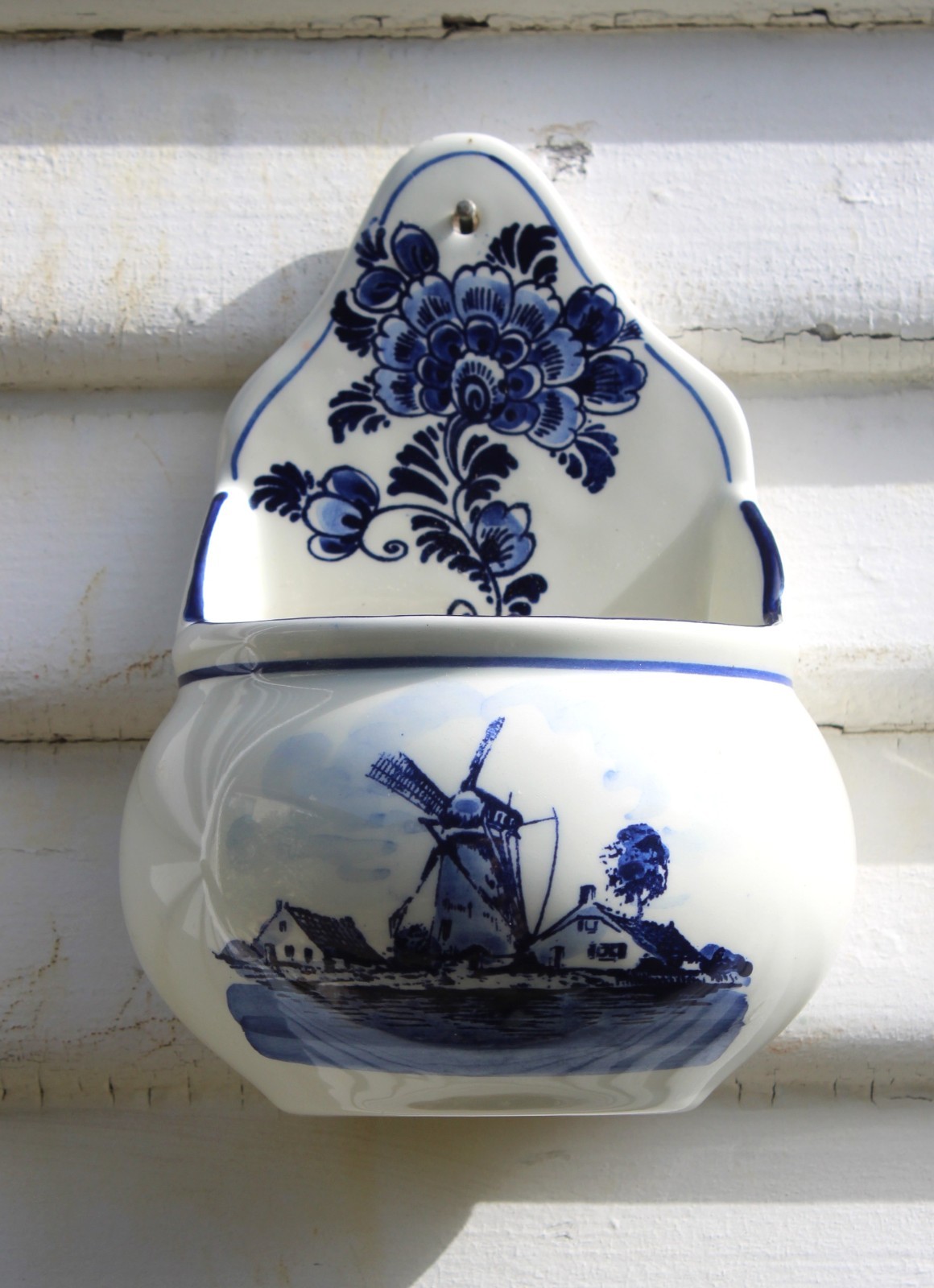 Vintage Delft Blue White Dutch Windmill Box/Wall Pocket Hanging