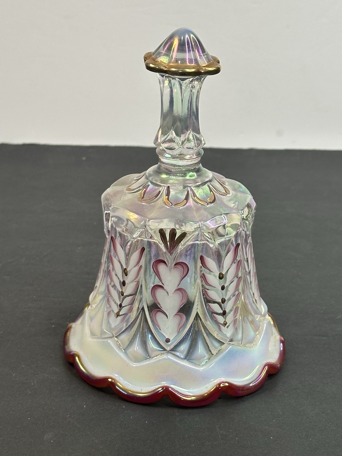 Fenton Art Hand Painted Glass Opalescence Bell Gold+Purple Trim Elegant Vintage