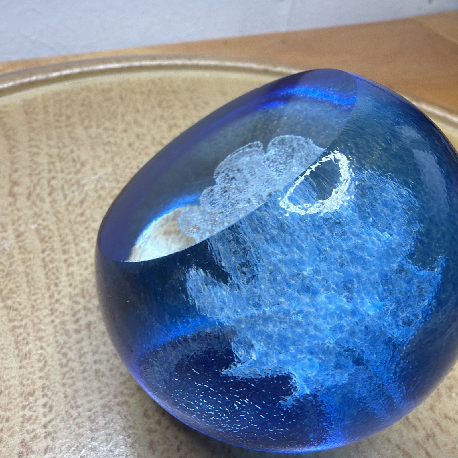 Selkirk Paperweight Bubble Blue & White Ice Flower Vintage Art Glass Signed