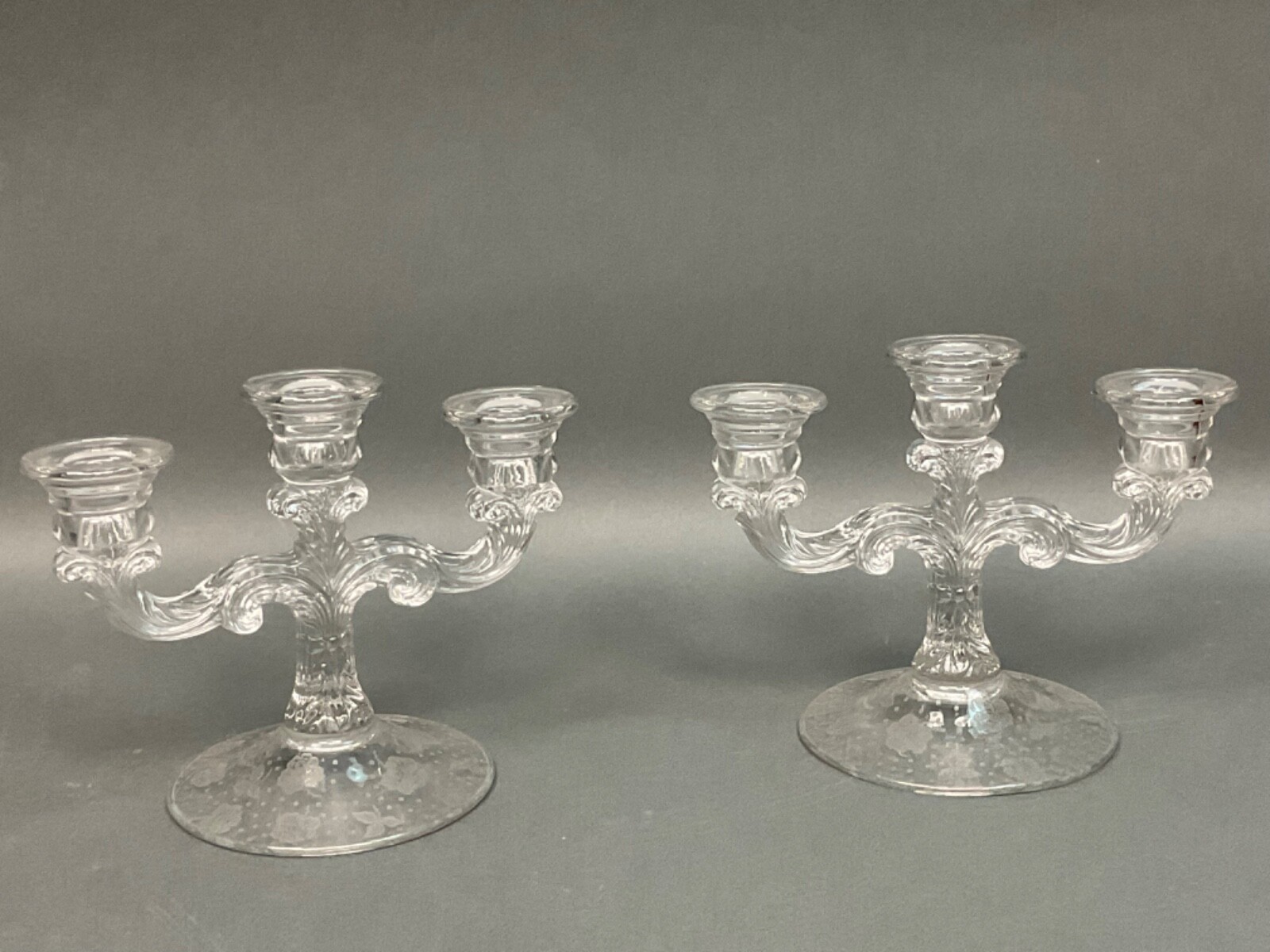 Pair Cambridge Rose Chintz 3 Light Candlestick Holder Elegant Etched Candelabra