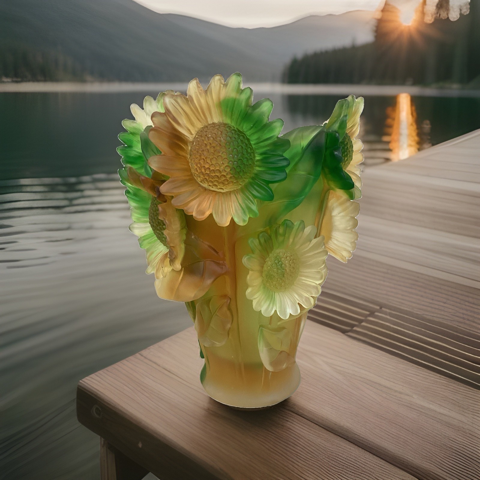 compatible with Nancy Daum Sunflower Xl Crystal Vase H9” Heavy Art Glass