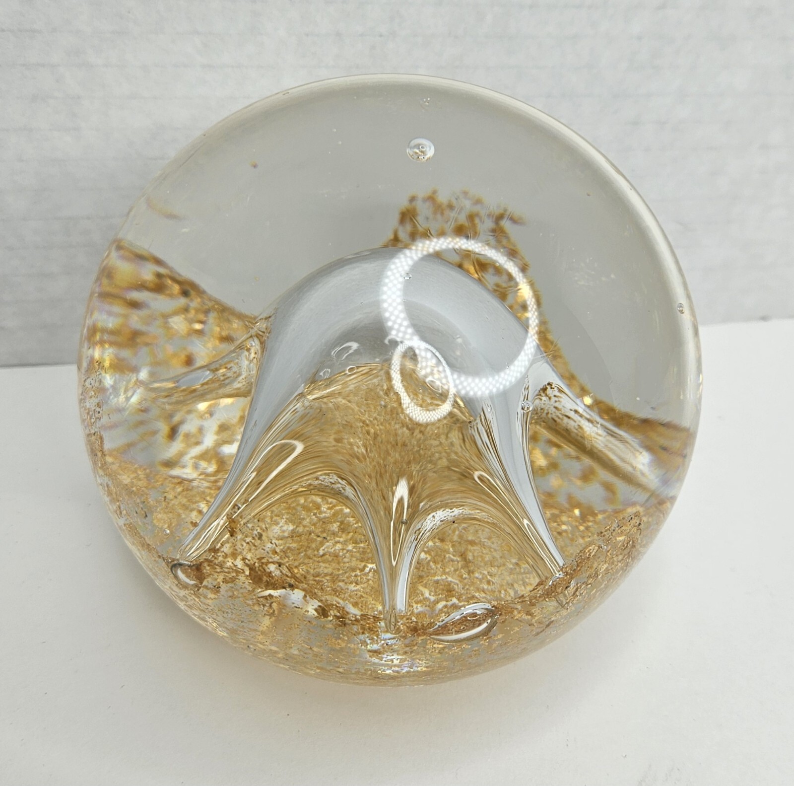 Art Glass Paperweight Clear Gold Flake Glitter Star Bubble 4″ 2.7 Pounds