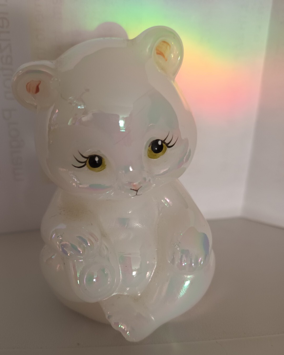Vtg Signed Fenton Iridescent White Milk Glass Carnival Teddy Bear Figurine 🧸